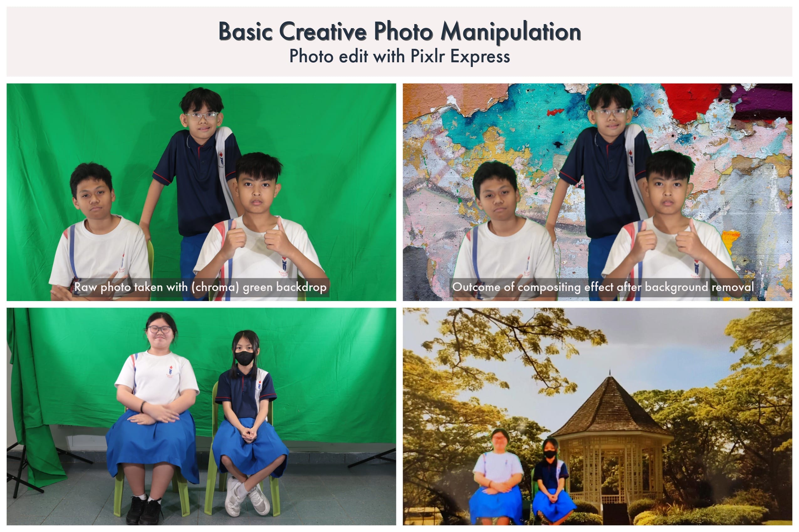 Four photos showing students in school uniforms before and after green screen background removal using Pixlr Express editing.