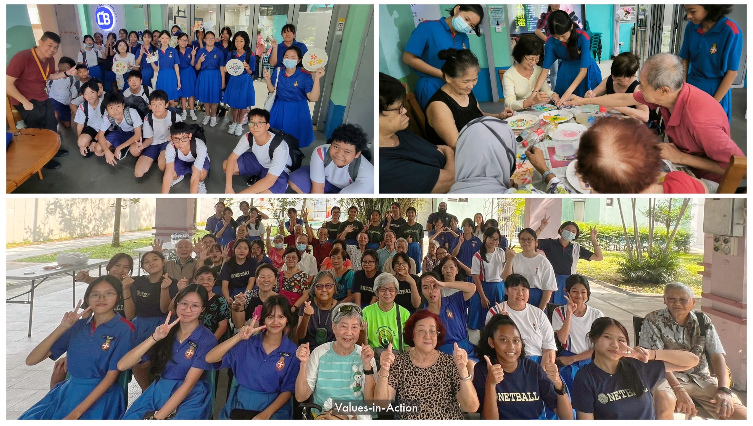 Three photos showing students in blue uniforms joining elderly people for group activities and a craft session outdoors and indoors.