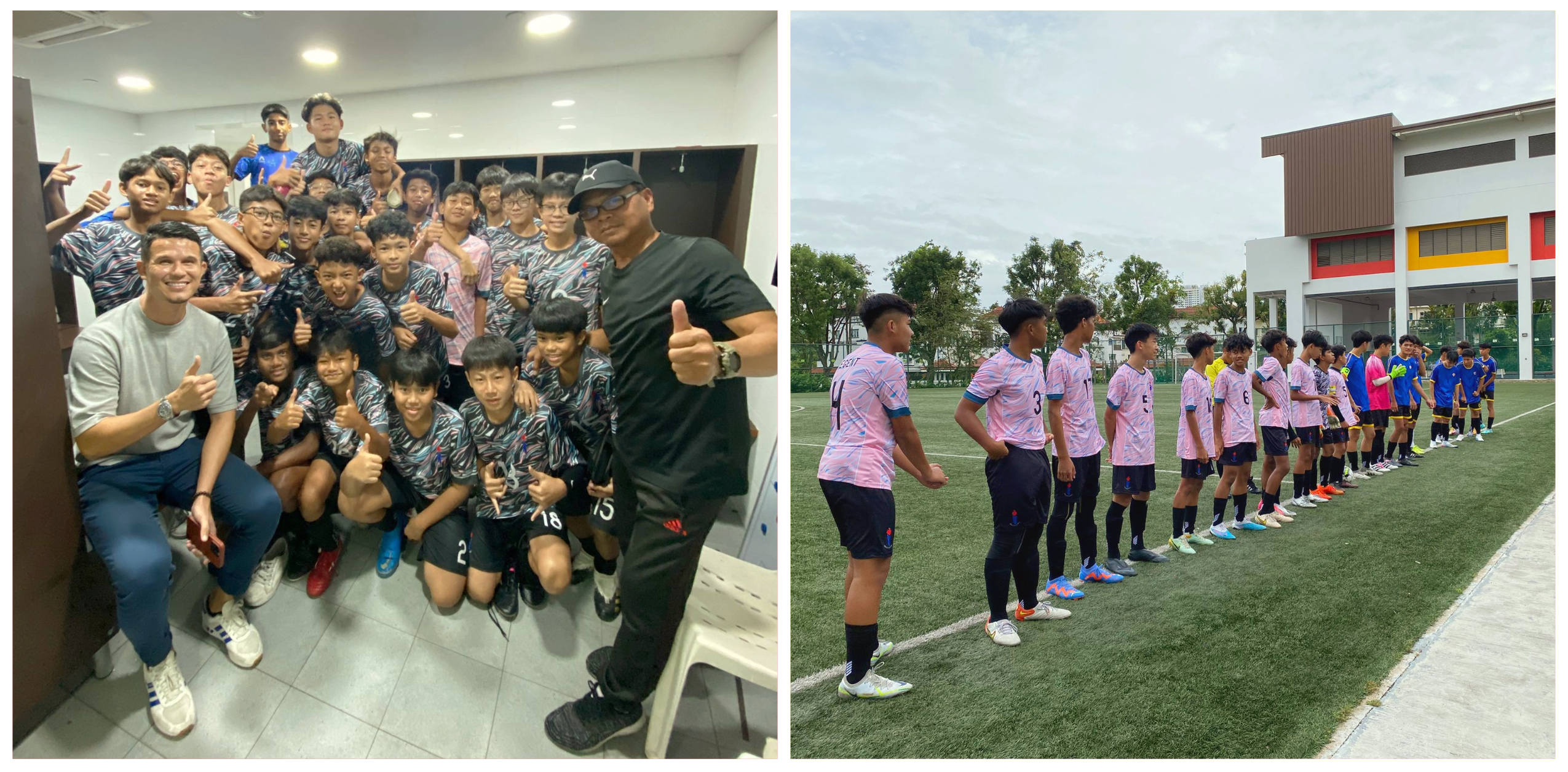 Two photos: youth soccer team posing indoors and teams lined up on a field for handshakes.