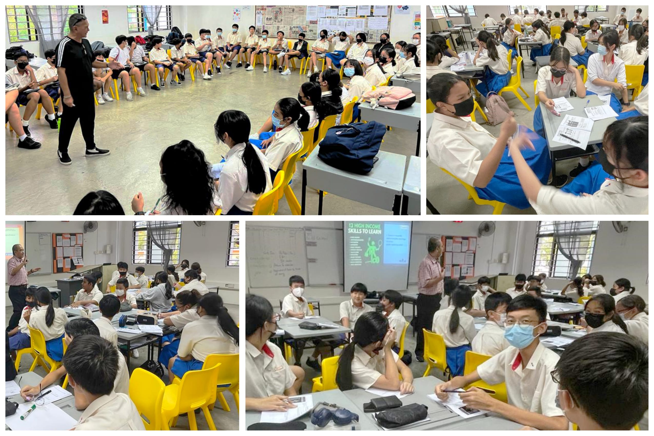 Collage of a classroom: teacher instructs masked students seated in a circle and working in groups at desks.
