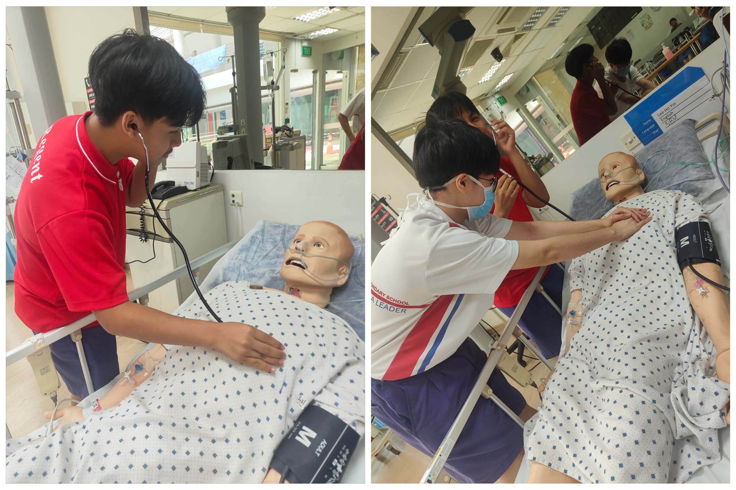 Two students practice checkups on a hospital mannequin in bed, using a stethoscope and blood pressure cuff.