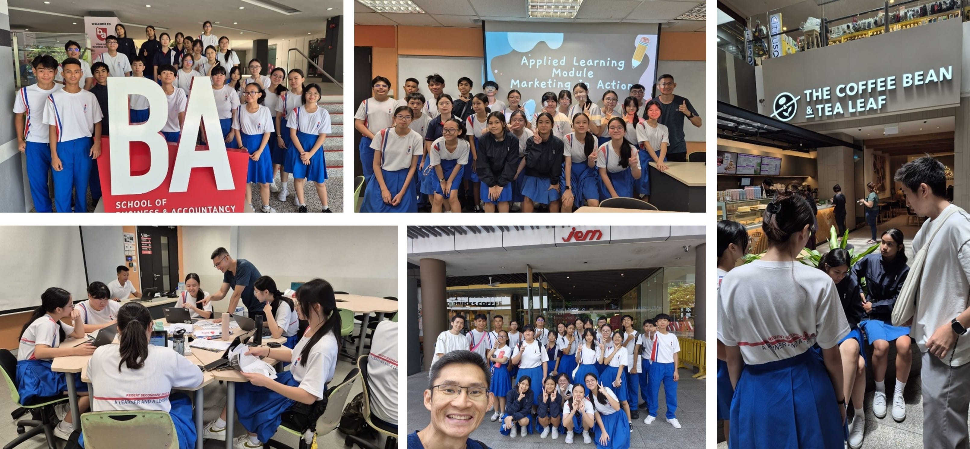 Students in school uniforms visit the School of Business and Accountancy and The Coffee Bean and Tea Leaf during a marketing field trip.