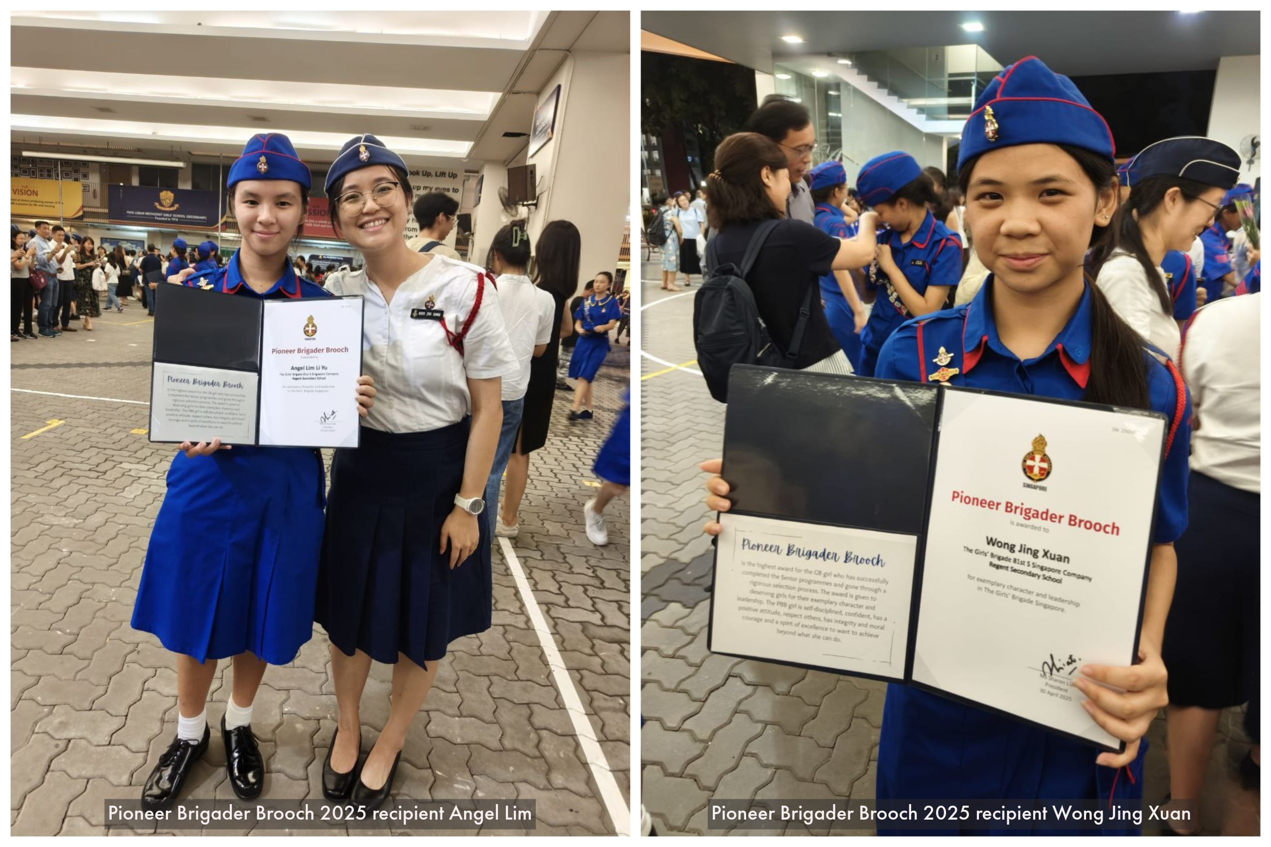 Two girls in blue uniforms hold Pioneer Brigader Brooch 2025 award certificates at an outdoor ceremony.
