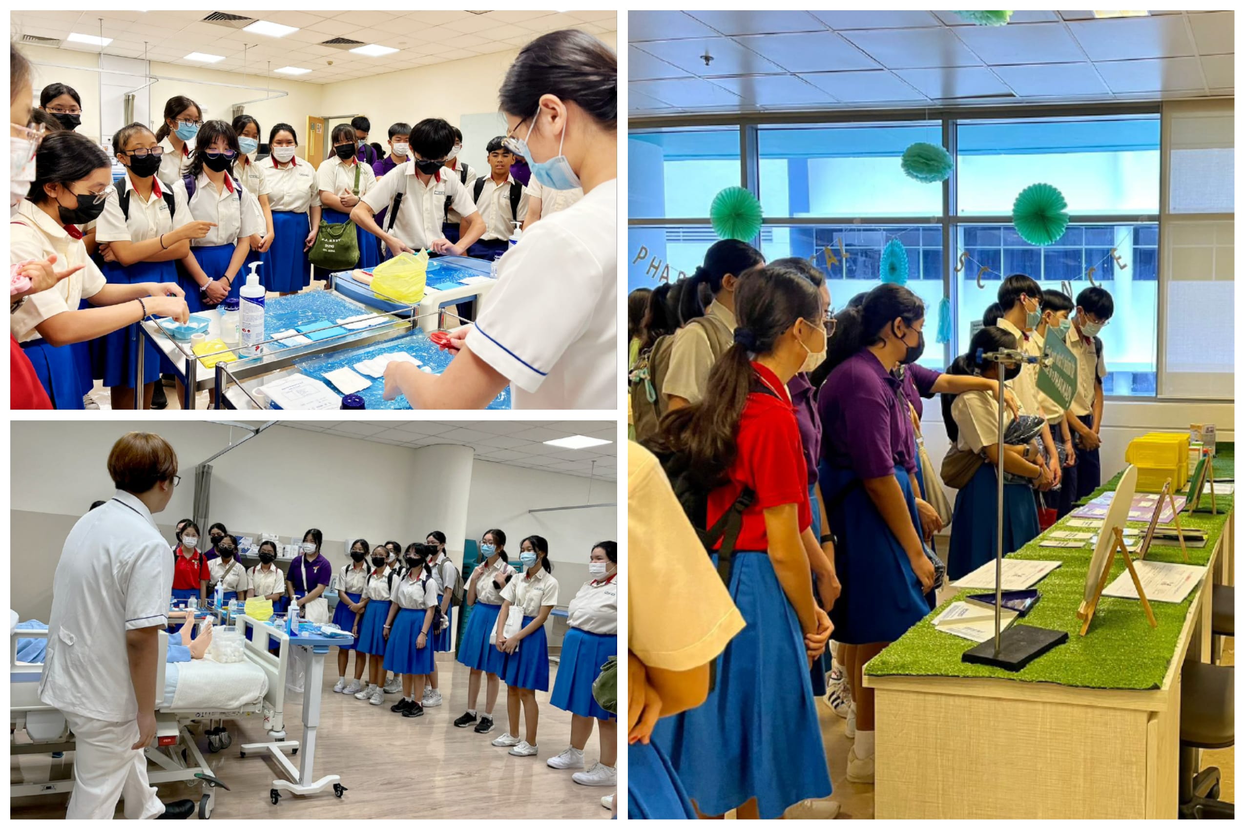 Students in school uniforms wearing masks attend a healthcare educational tour with demonstrations and exhibits.