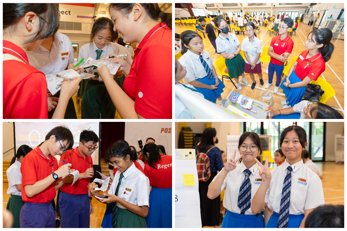Four photos of school students in uniforms participating in an indoor event, writing notes, discussing, and posing.