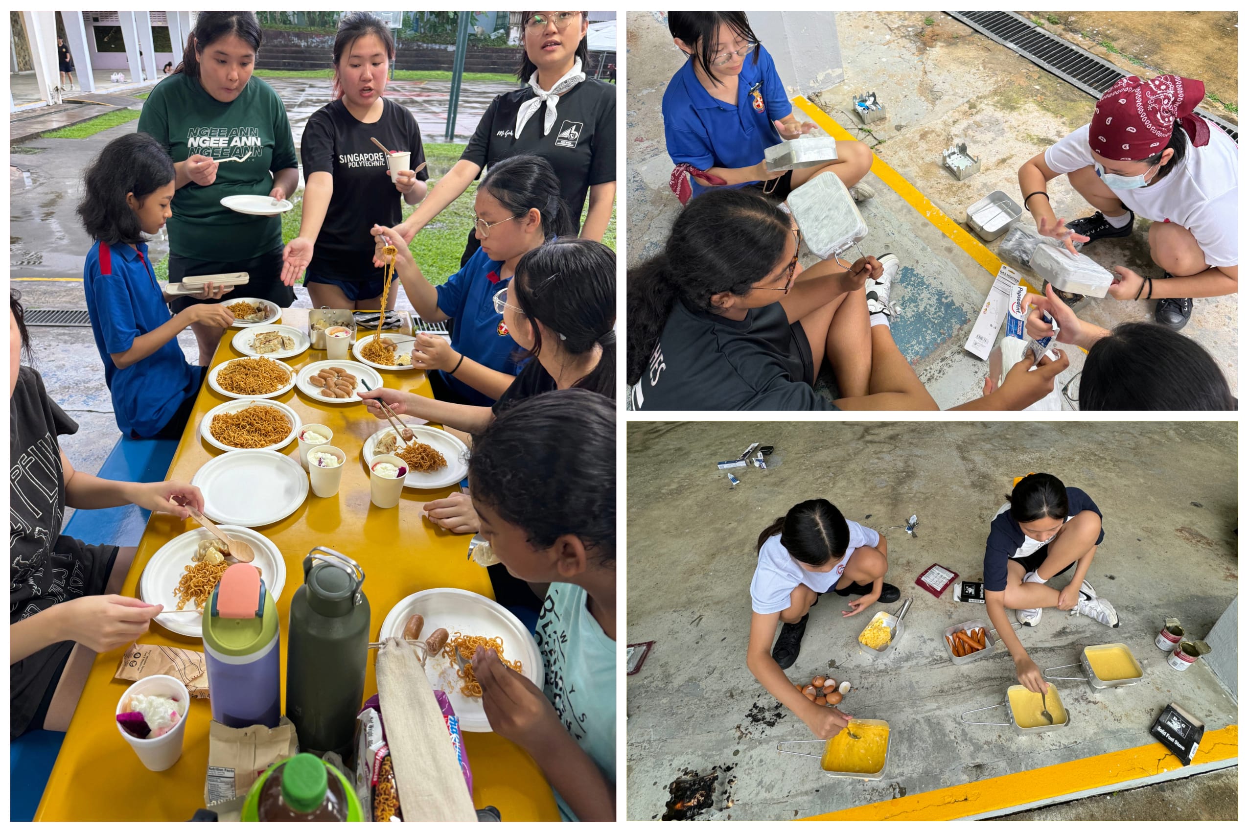 Three photos show youths sharing noodles at a table and preparing food in metal trays on the ground.