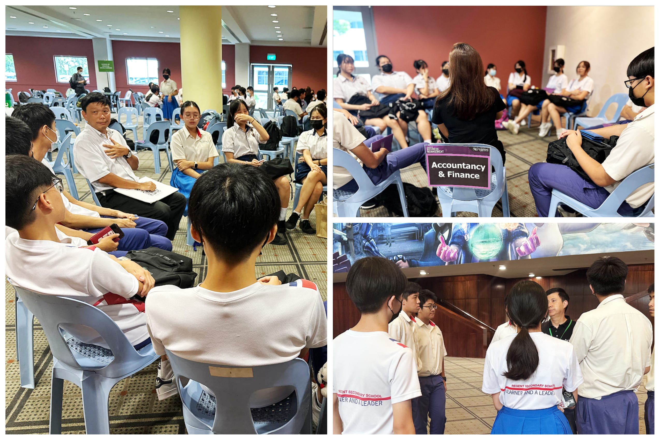 Students in uniforms sit in discussion circles; one chair sign reads Accountancy & Finance.
