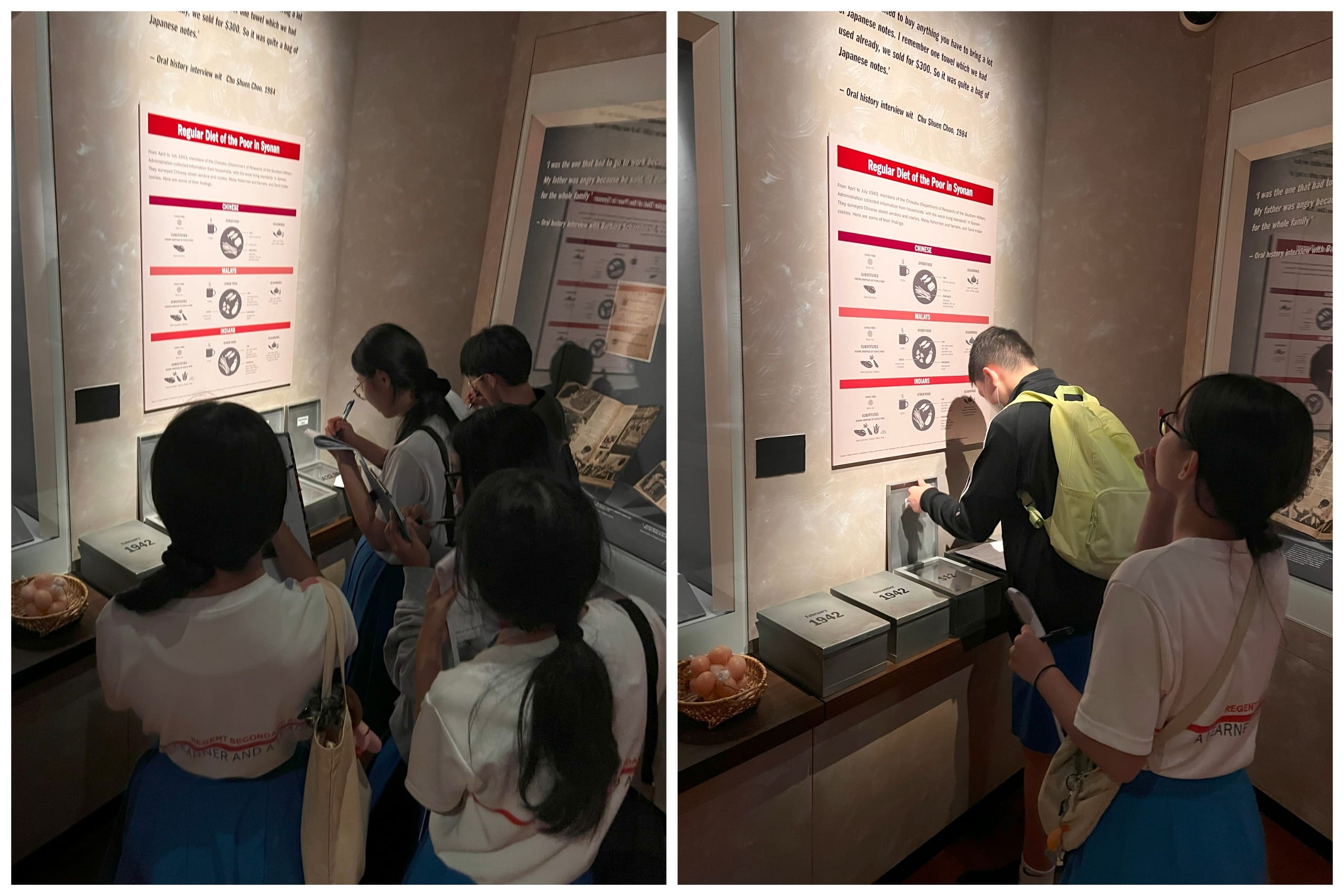 Students in blue uniforms examine a museum display titled "Regular Diet of the Poor in Syonan" with interactive boxes.