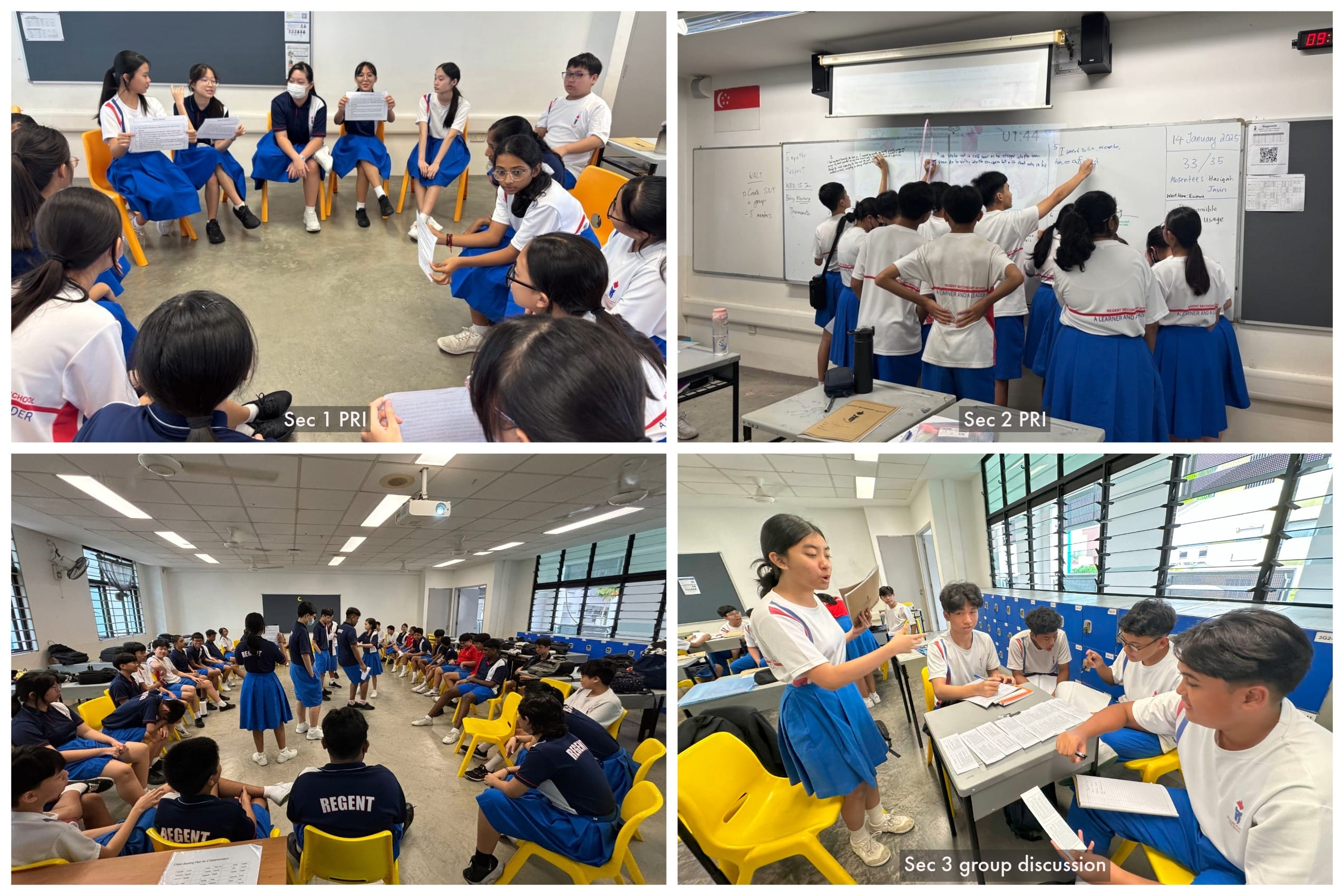 Four classroom scenes showing secondary students in blue uniforms doing group discussions and whiteboard activities.