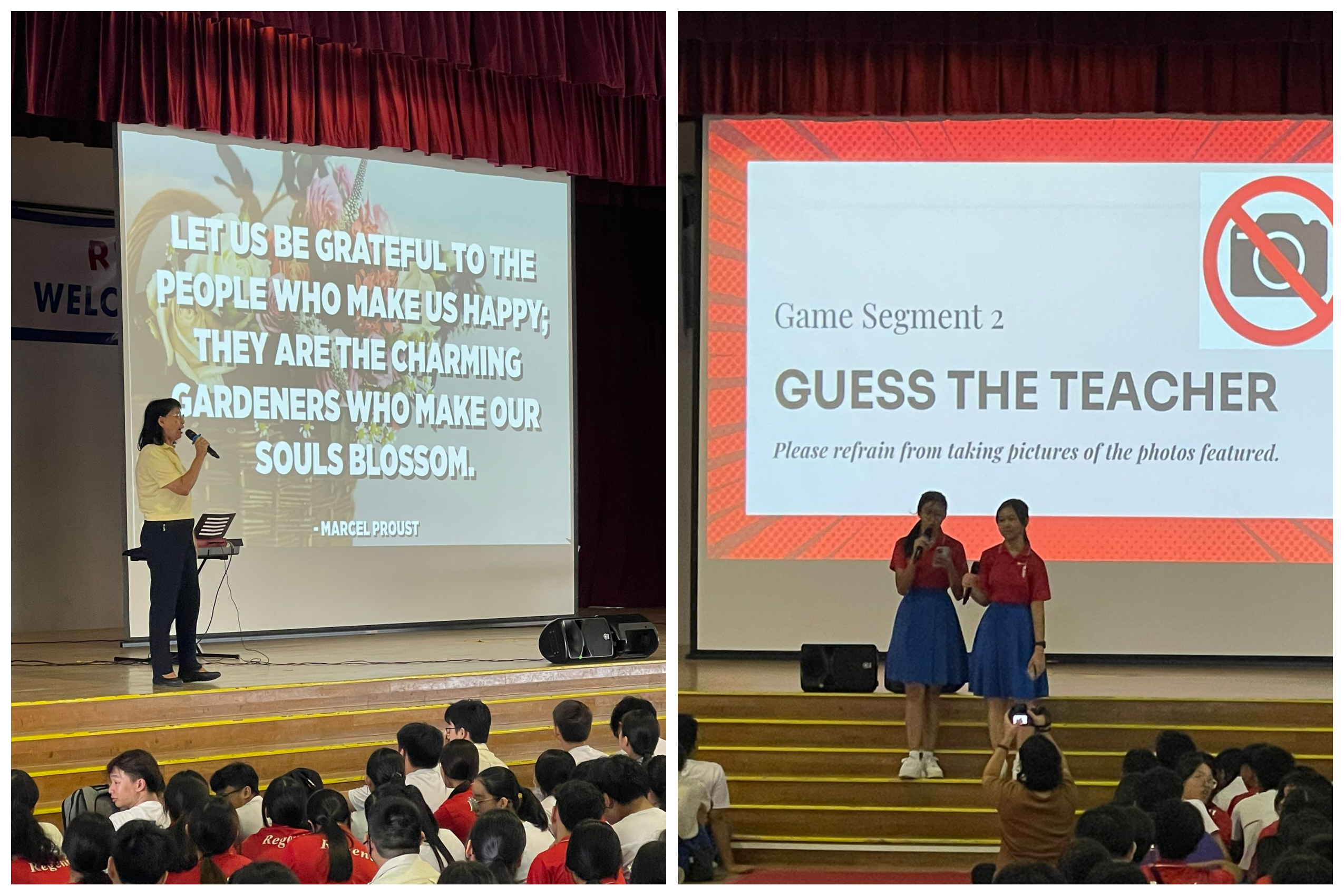 School assembly: speaker by a quote slide; two students by a Guess the Teacher slide with no-photos sign.