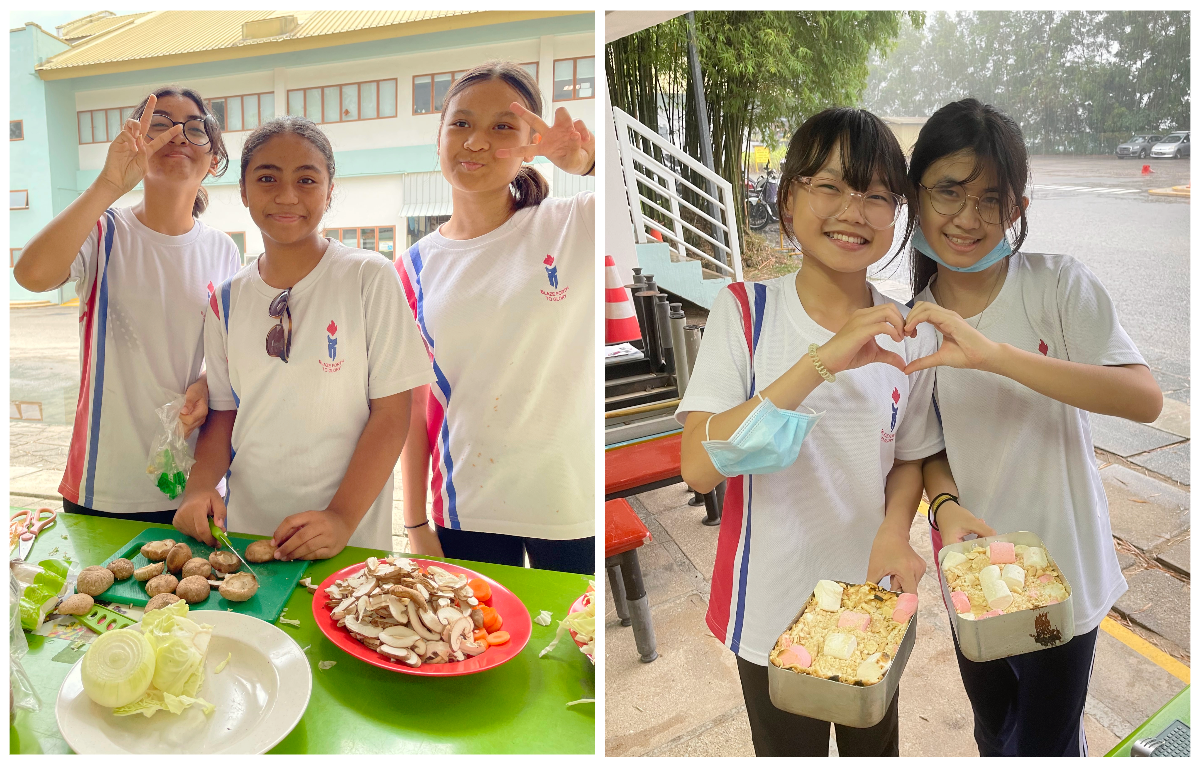 Three girls chop mushrooms outdoors; two girls in matching shirts pose with a heart gesture holding a food container.