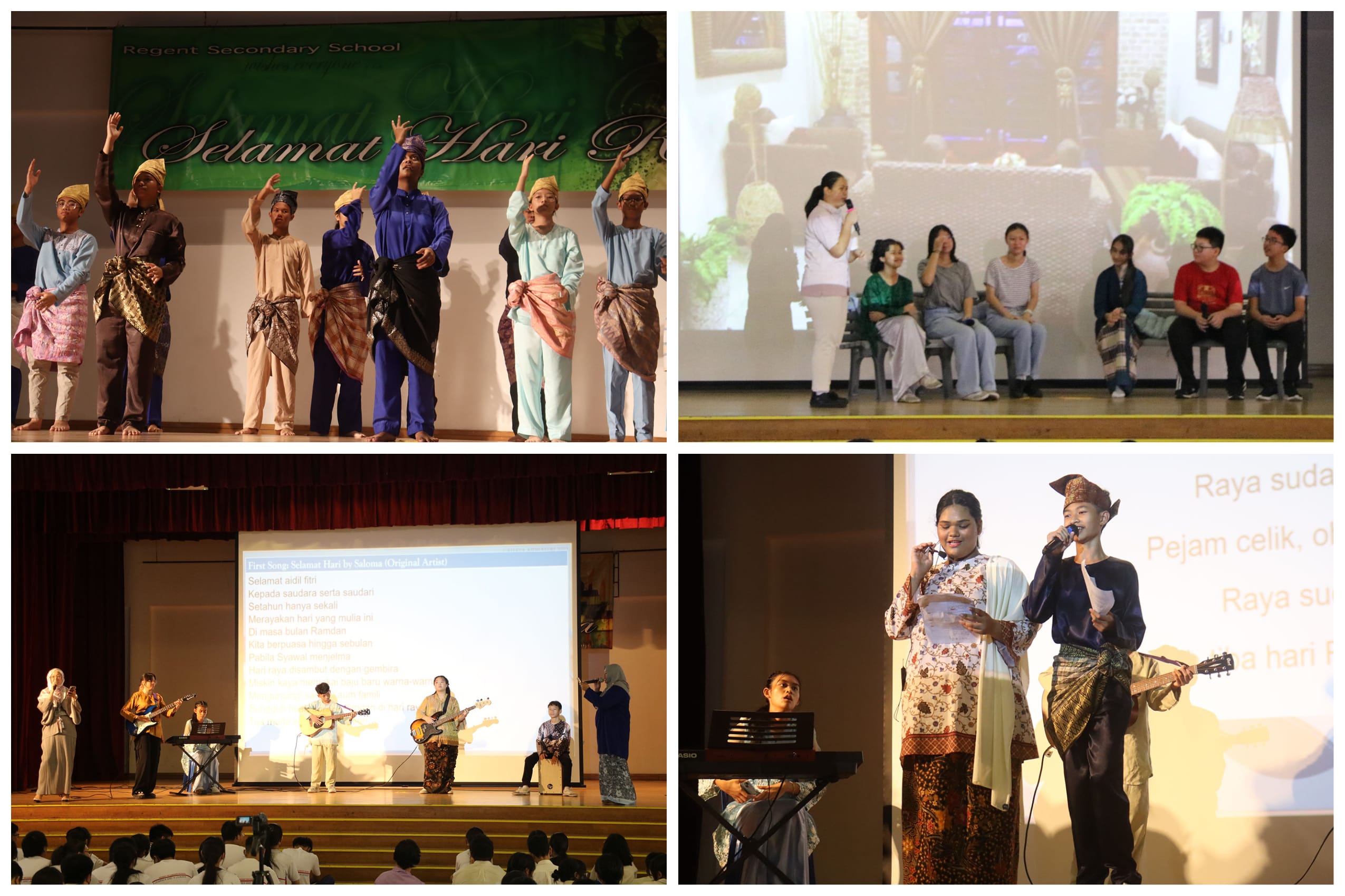 Students at Regent Secondary School perform traditional Malay dances, sing, and play instruments on stage during a Hari Raya celebration.