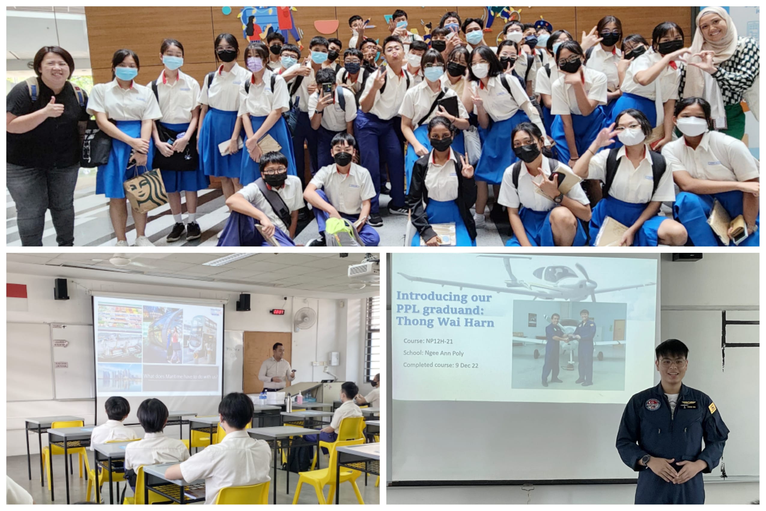 Students in uniform pose for a group photo; below, a classroom session and a PPL graduand presentation are shown.