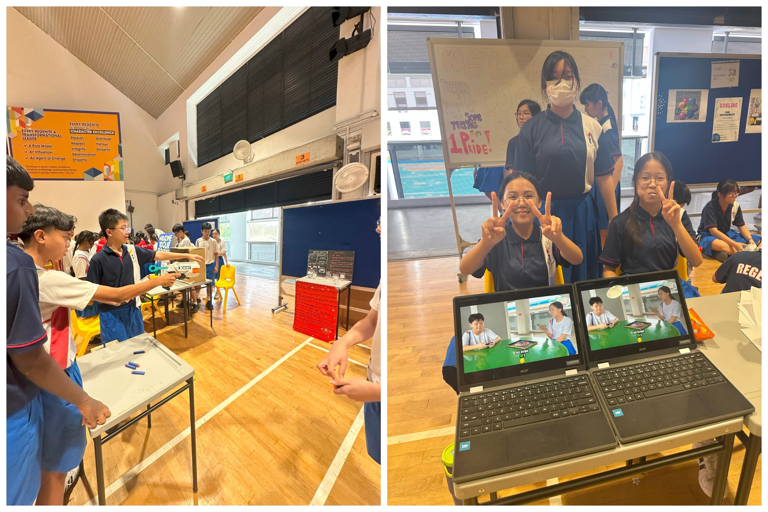 Students in school uniforms participate in activities: a toy gun game in a gym and girls posing with peace signs near laptops.