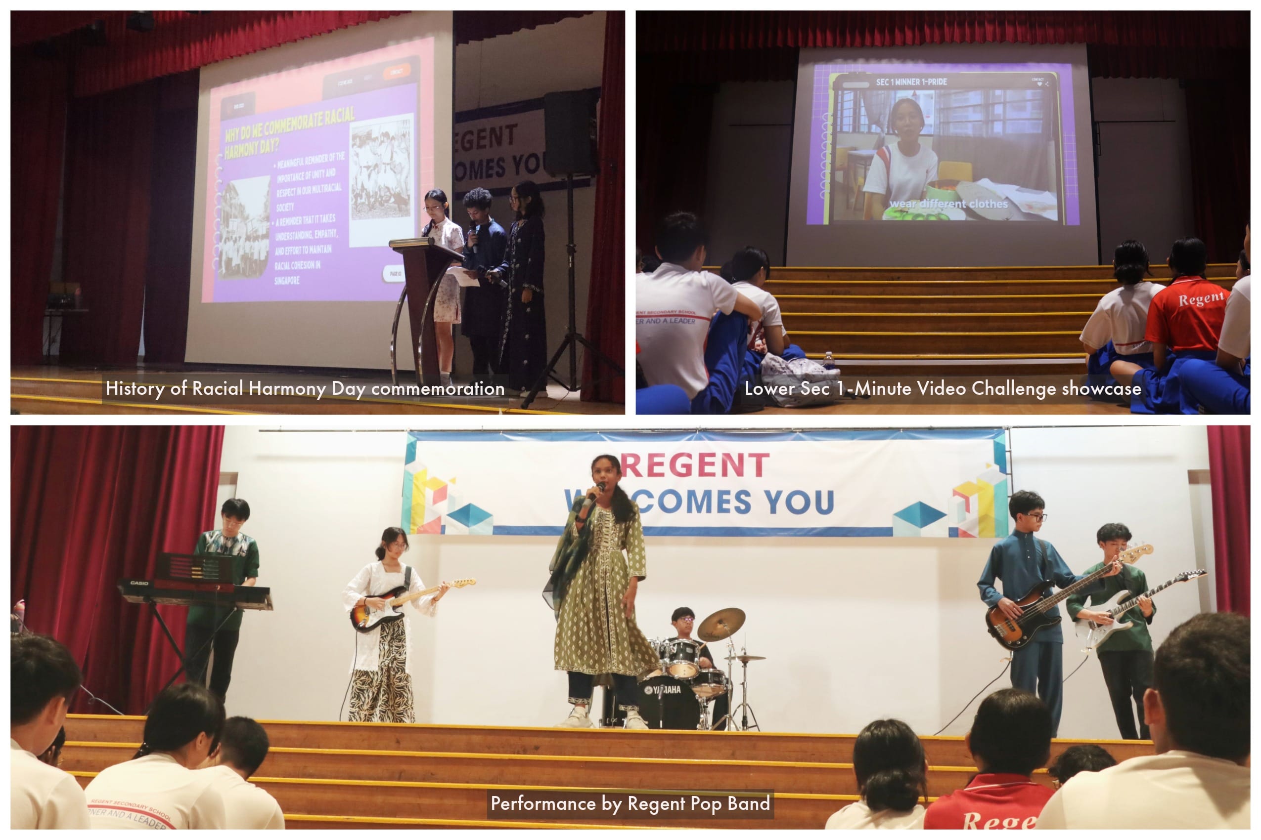 Three school event scenes: students presenting on Racial Harmony Day, a video showcase, and a pop band performing on stage.