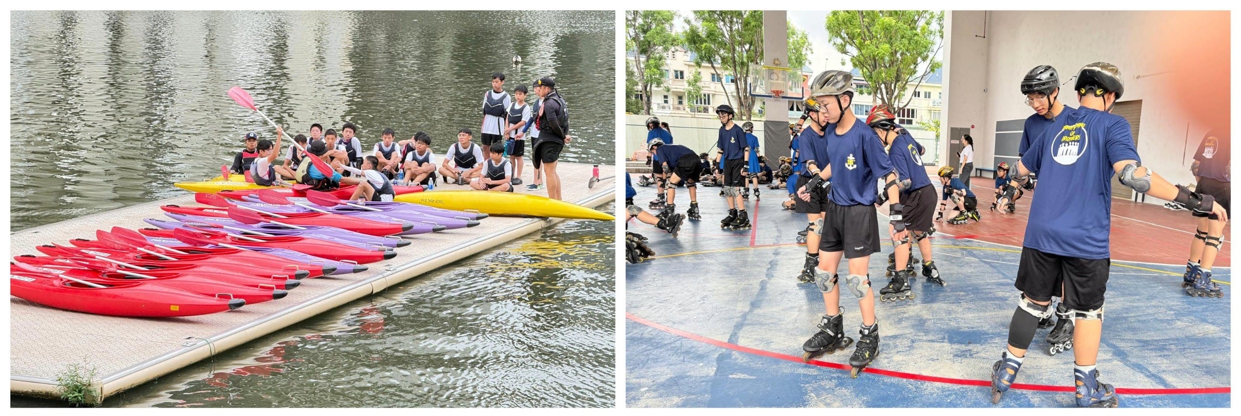Students sit by colorful kayaks on a dock beside water; other students wear helmets and inline skates on a court.
