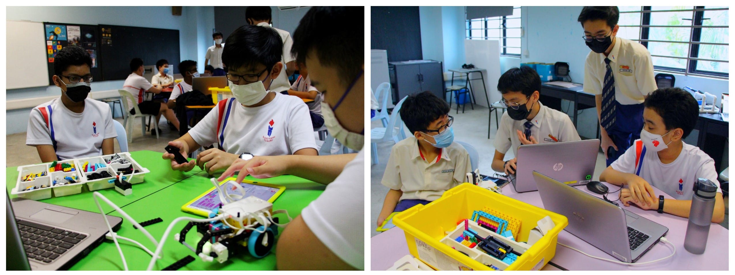 Students wearing masks work on robotics projects with Lego parts and laptops, supervised by a teacher in a classroom.