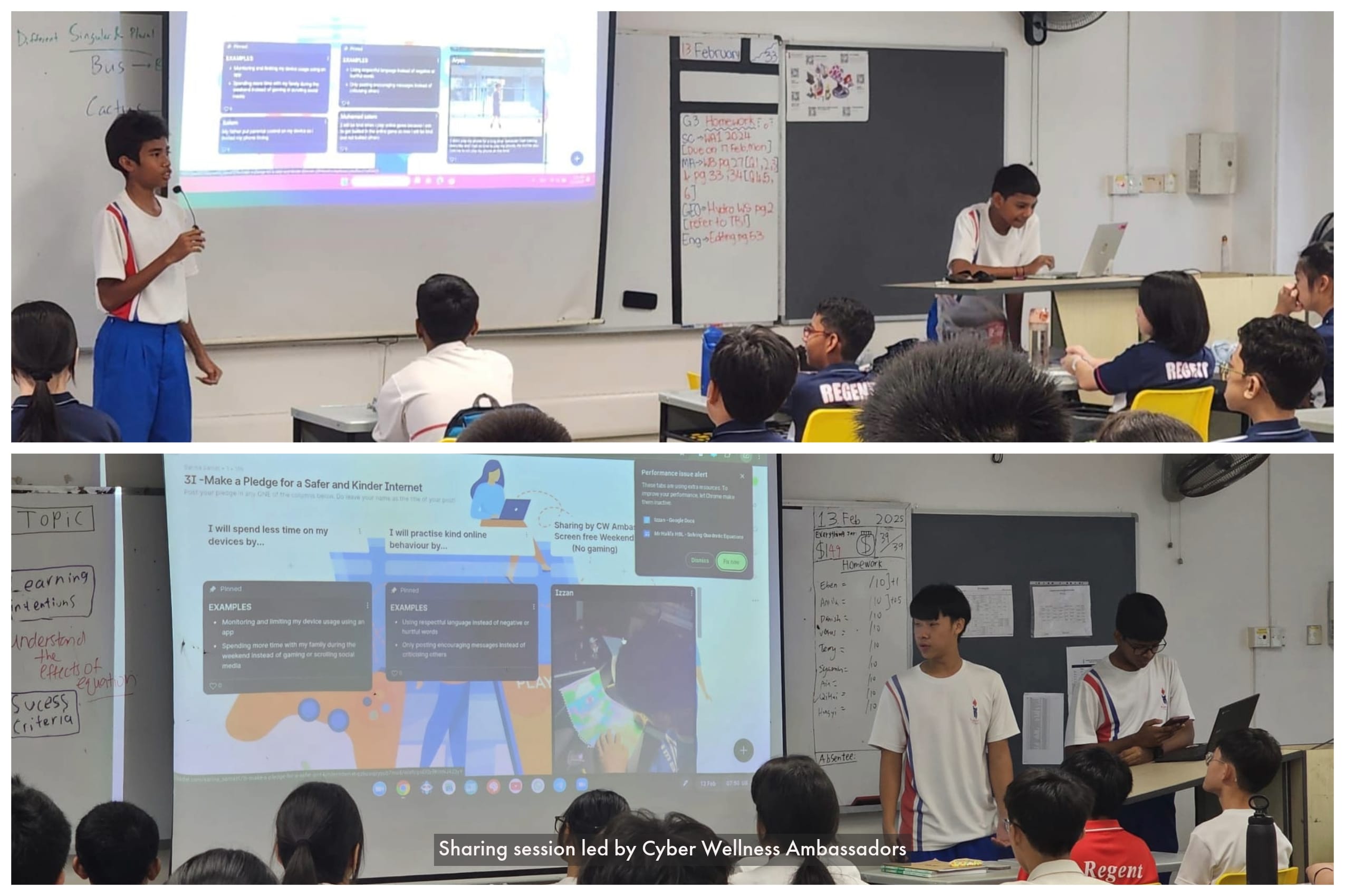 Students present to classmates in a classroom using projected slides about internet safety pledges.