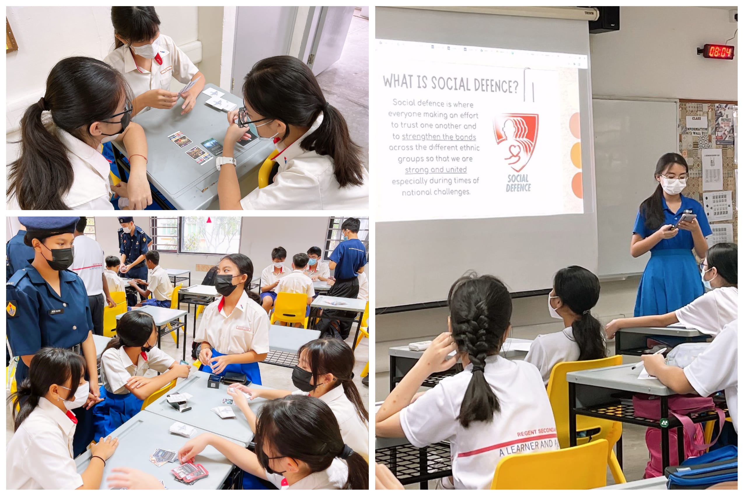 Students in school uniforms attend a classroom lesson on Social Defence, shown on a projected slide.