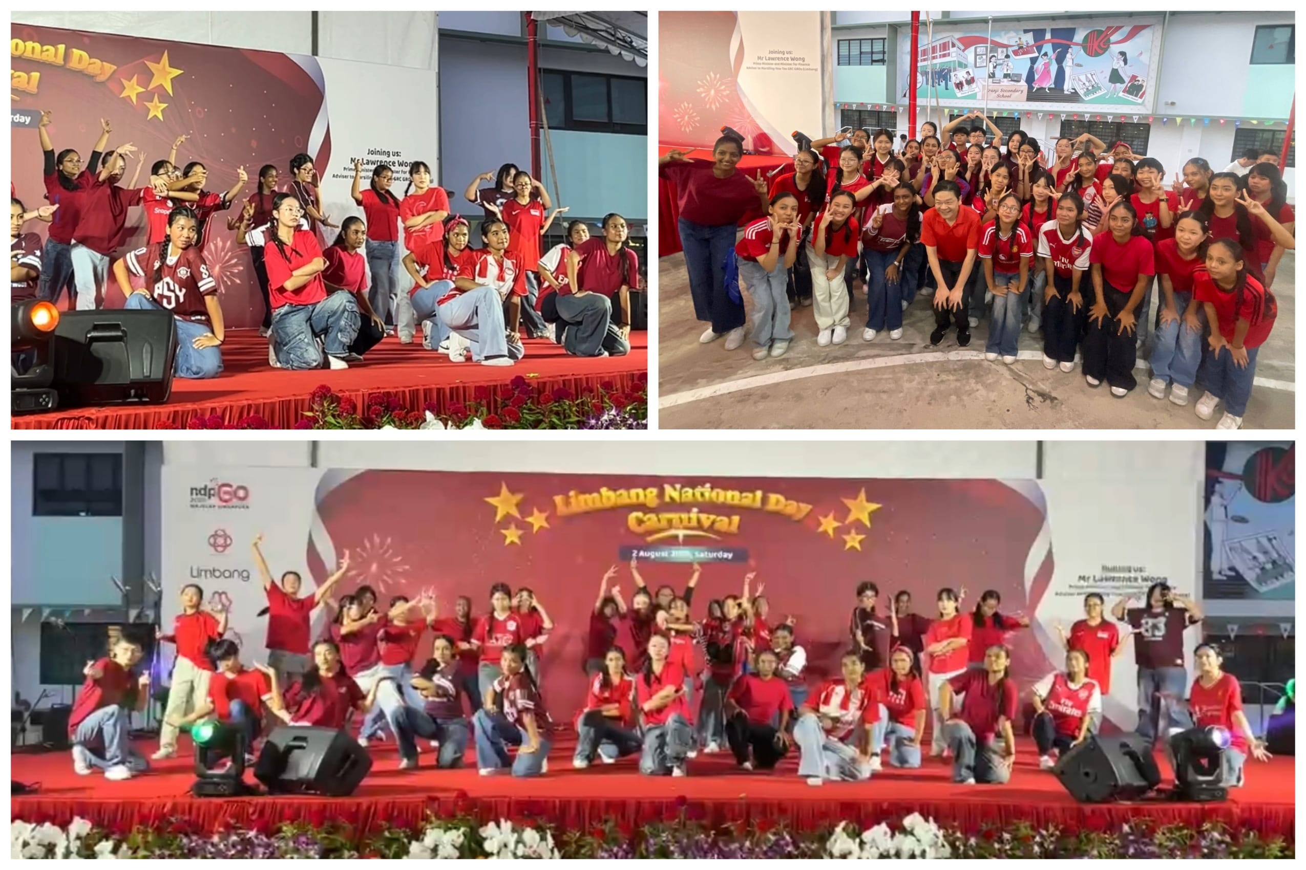 Students in red shirts pose on a decorated stage and outdoors at the Limbang National Day Carnival.