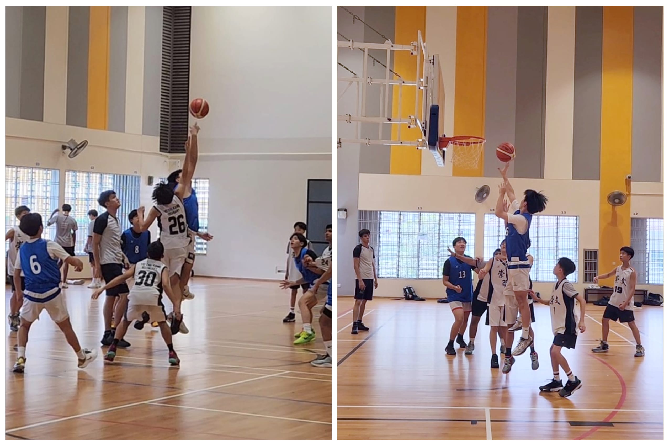Two side-by-side photos of youth basketball players in blue and white jerseys competing indoors on a wooden court.