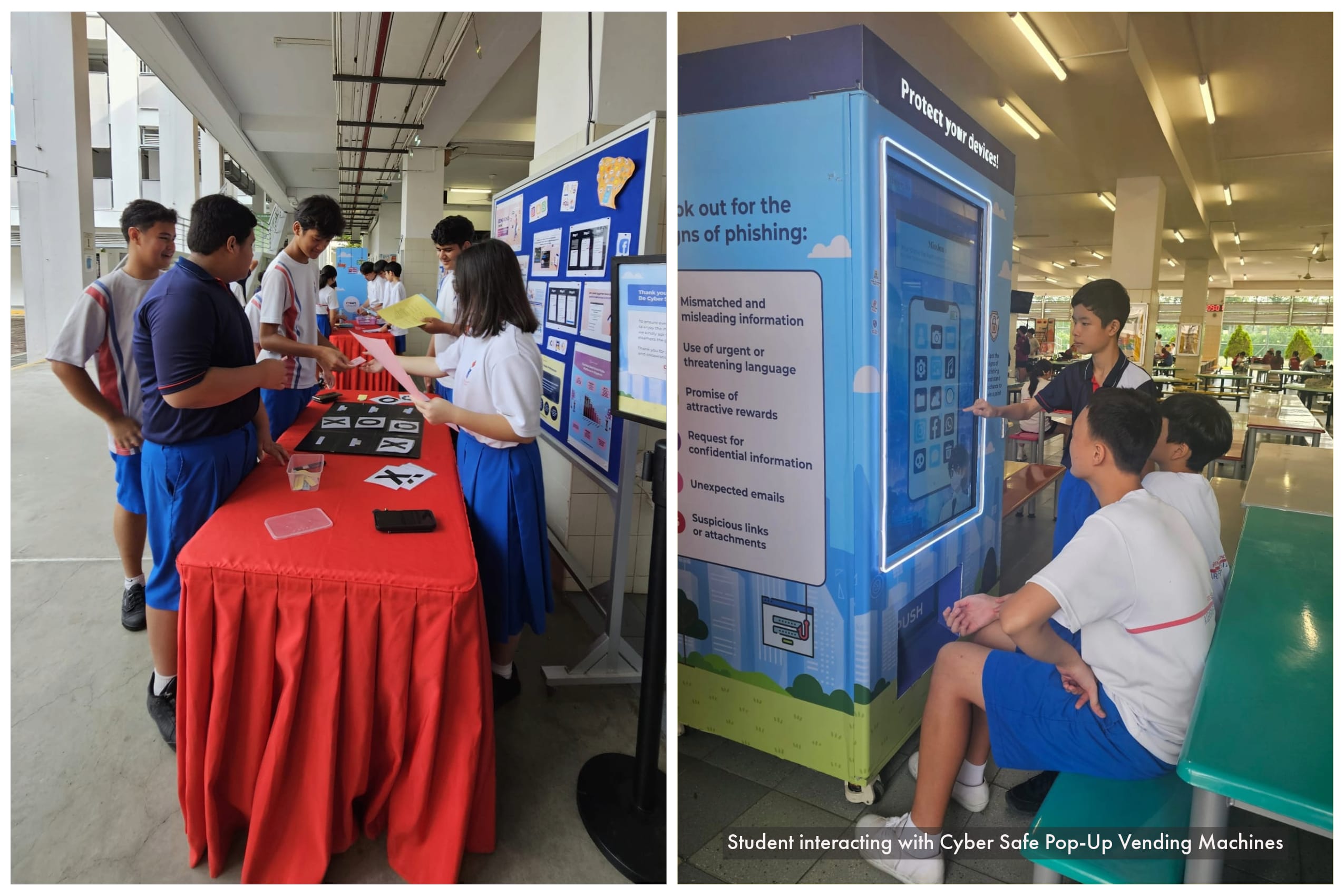 Students at a cybersecurity awareness booth and interacting with a Cyber Safe Pop-Up Vending Machine showing phishing tips.