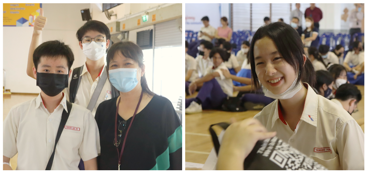 Three masked students and a teacher pose indoors; a smiling girl in uniform holds a QR code item in a school hall.