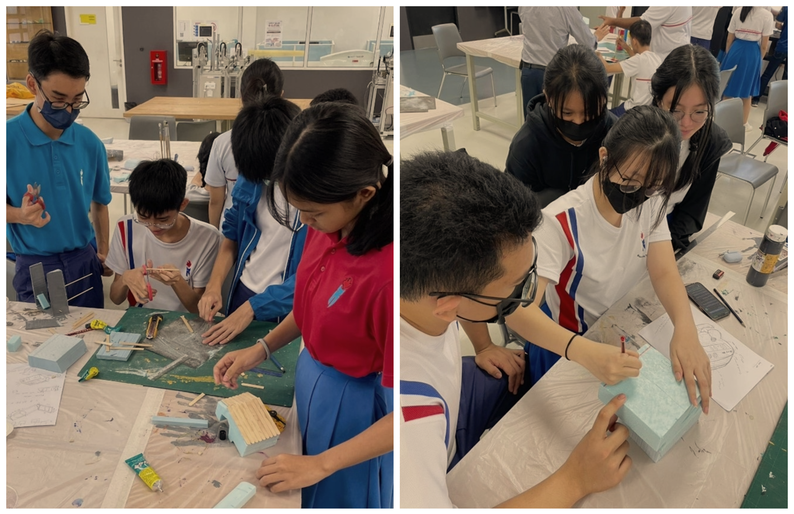 Students in uniforms work at tables, cutting foam and marking a foam block while classmates watch.