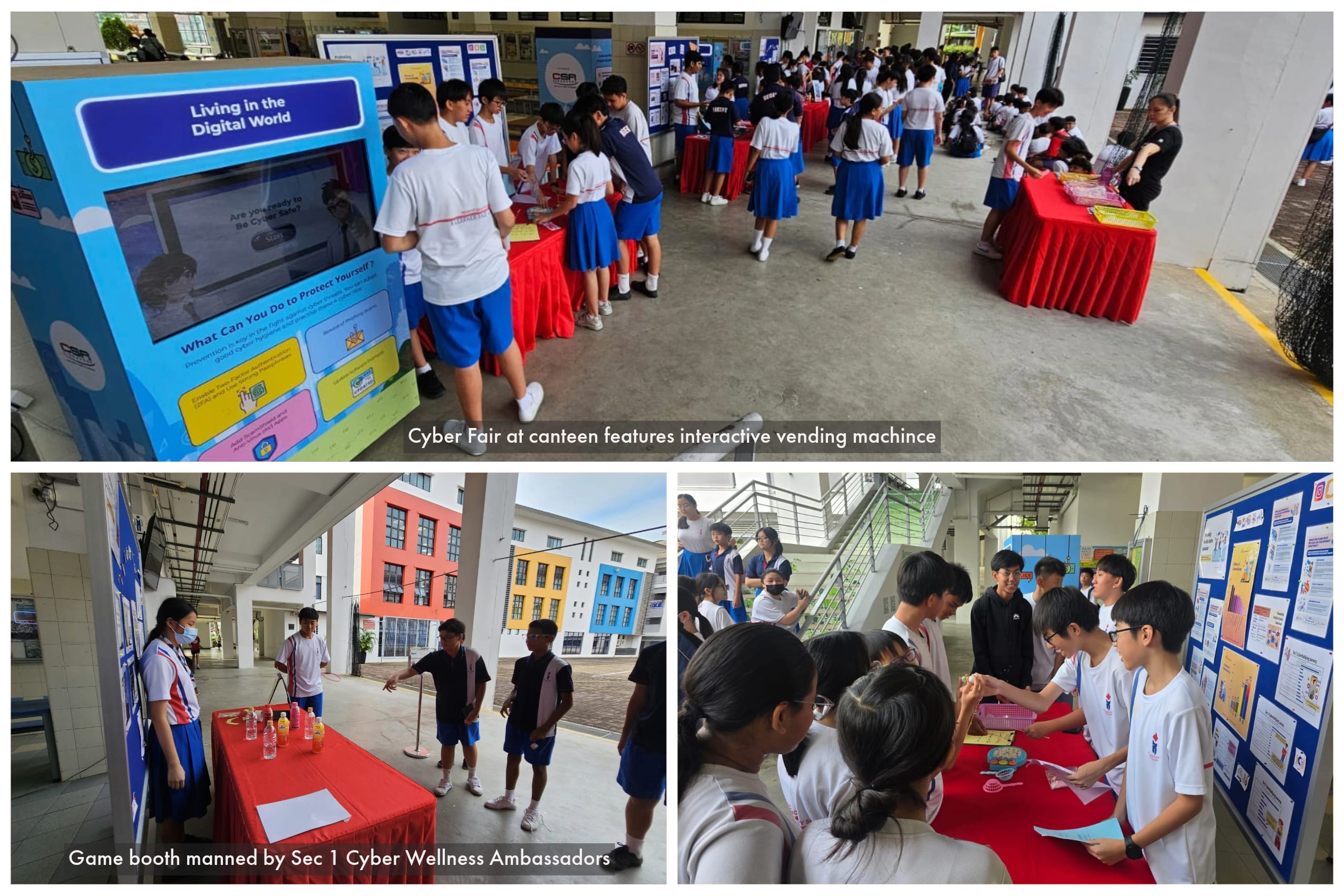 Students in school uniforms participate in a Cyber Fair with booths, displays, and an interactive digital kiosk.