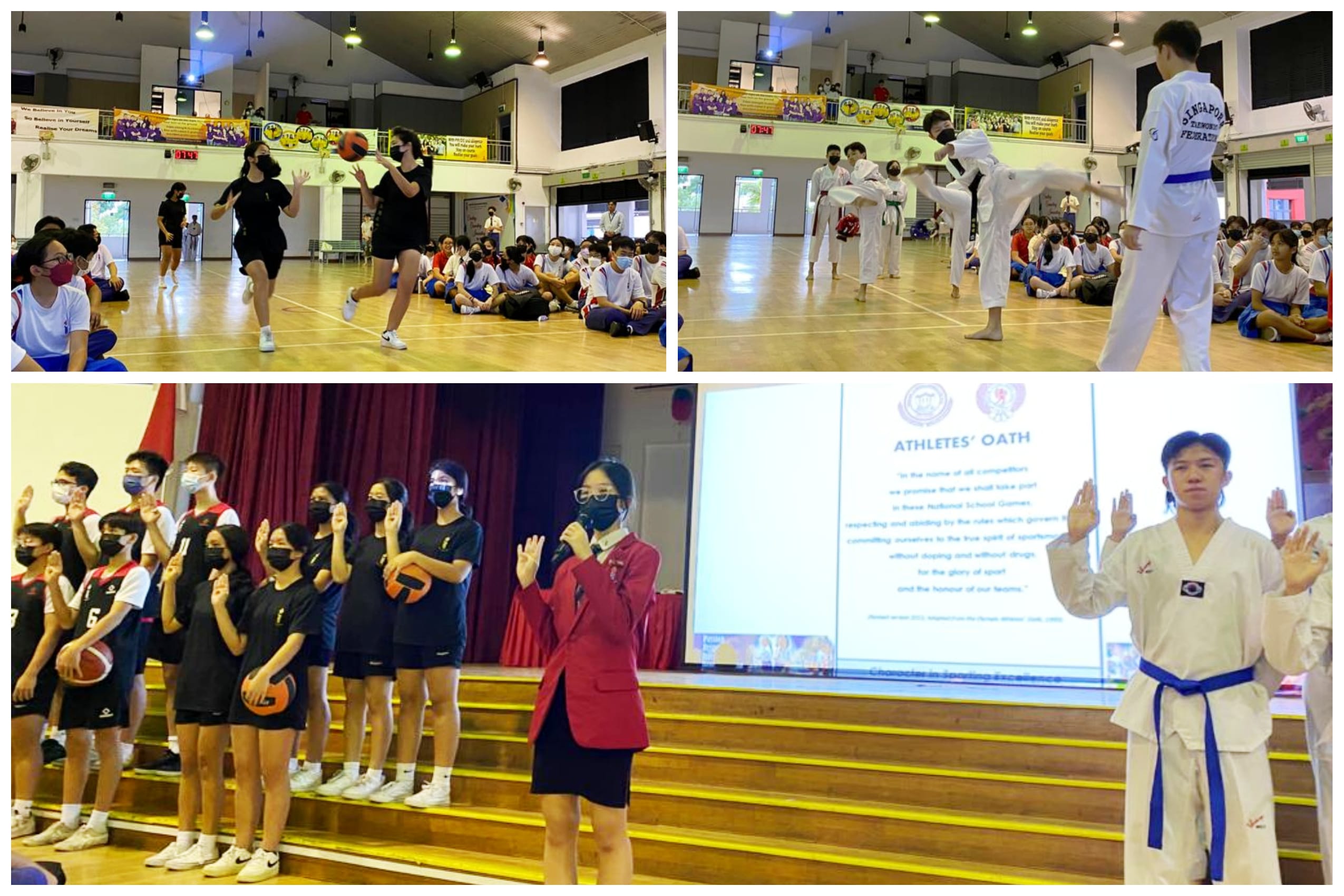 Students in a school gym play basketball, practice taekwondo, and recite the Athletes' Oath on stage.