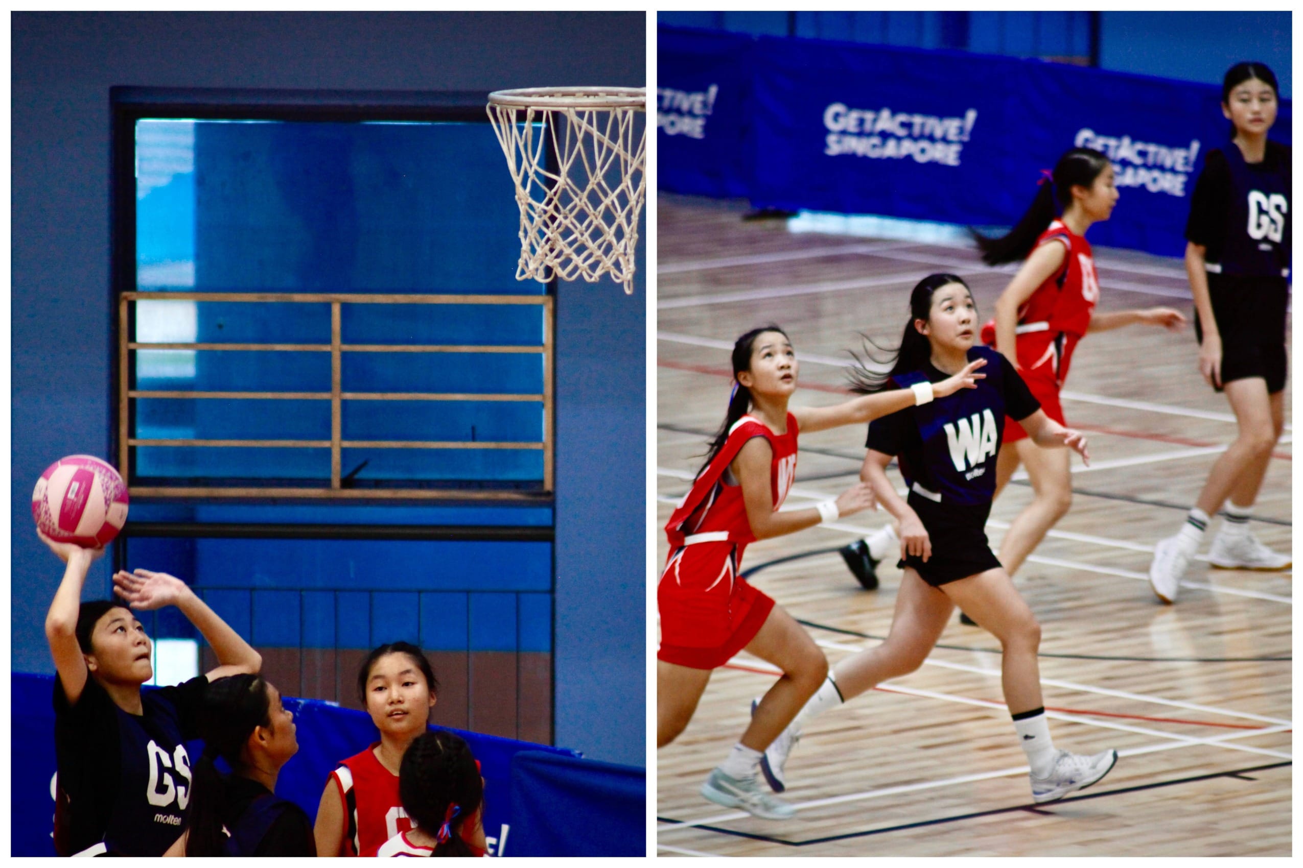 Two scenes of young girls playing netball indoors, wearing red and dark blue uniforms during a GetActive Singapore event.