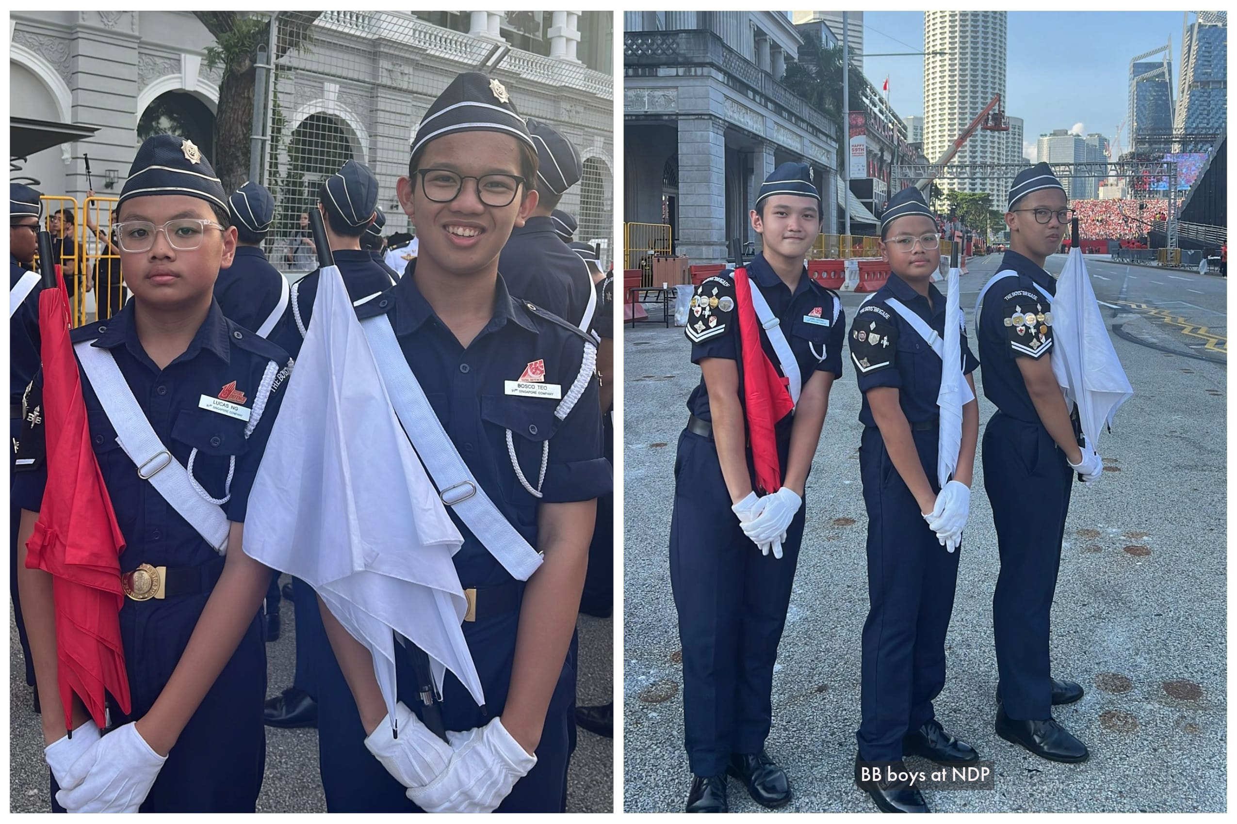 Five young cadets in navy uniforms with caps and white gloves hold flags at Singapore's National Day Parade.