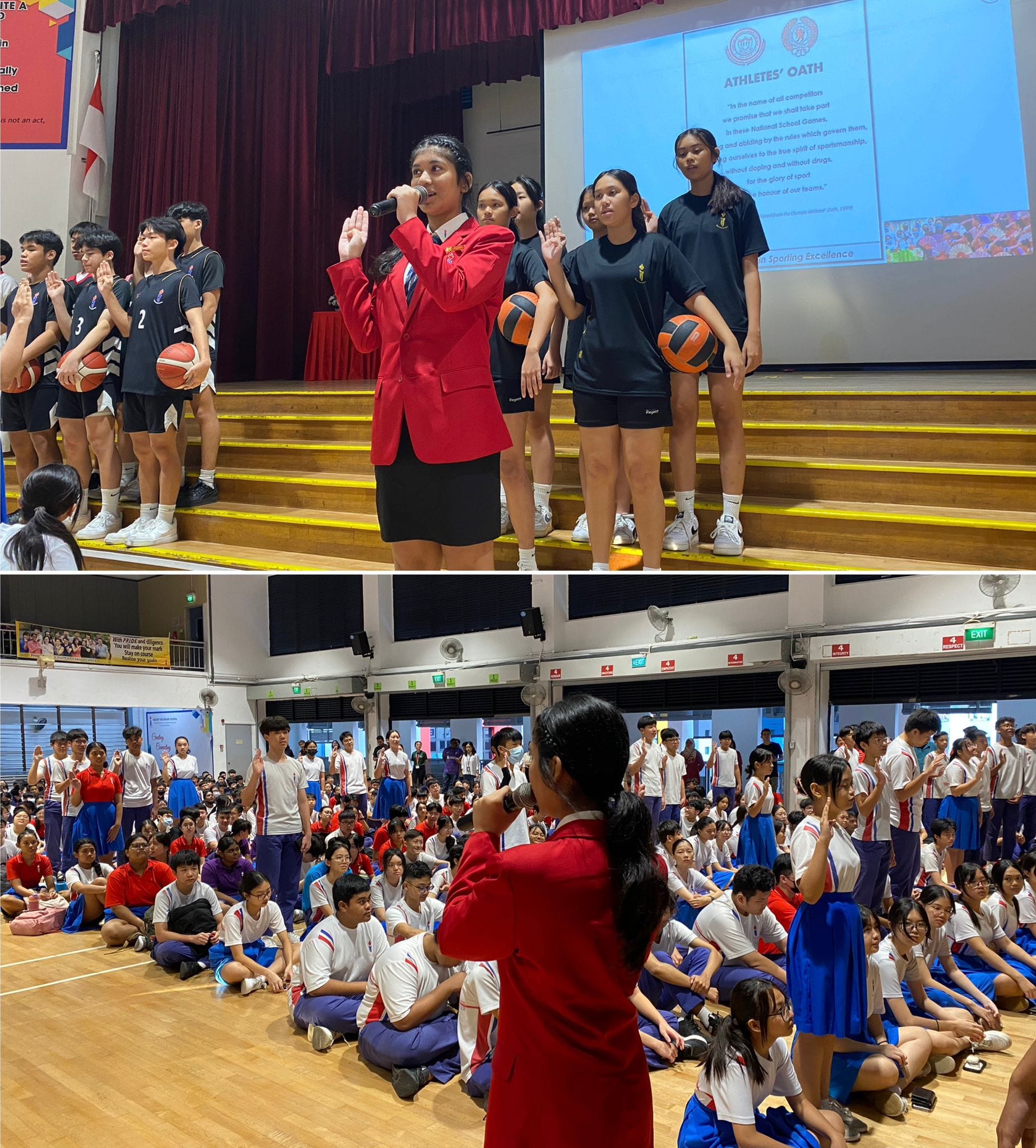 Students recite the Athletes' Oath at a school assembly, with a girl in red leading on stage and a crowd seated below.