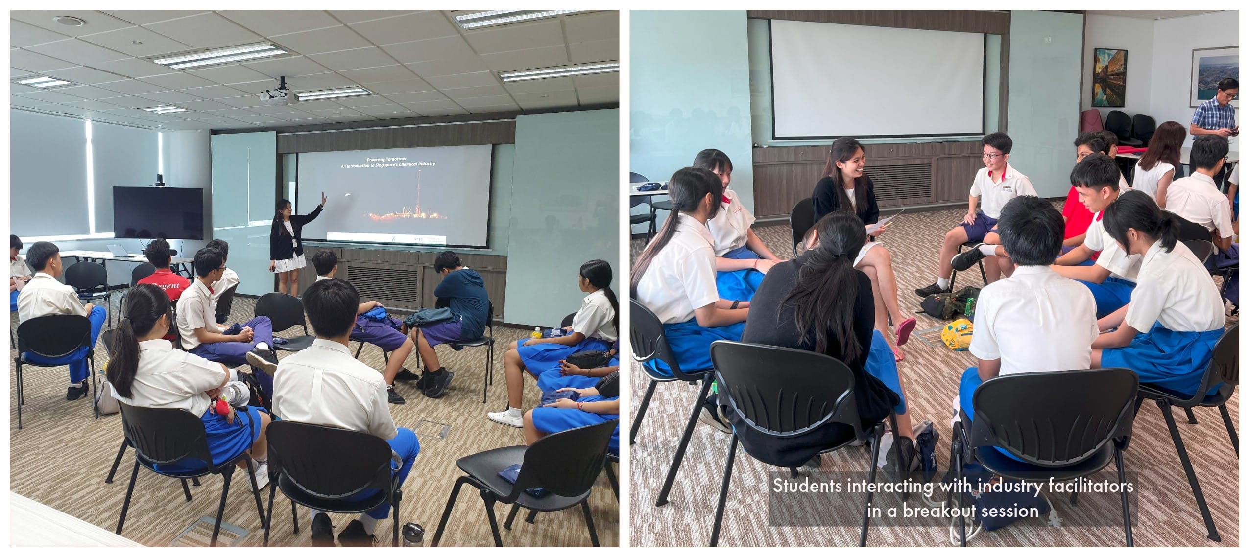 Students in school uniforms attend a presentation and a breakout discussion session with facilitators in a conference room.