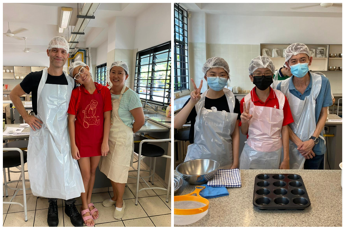 Six people wearing hairnets and aprons pose in a kitchen; right group wears masks and stands by a muffin tin and bowl.