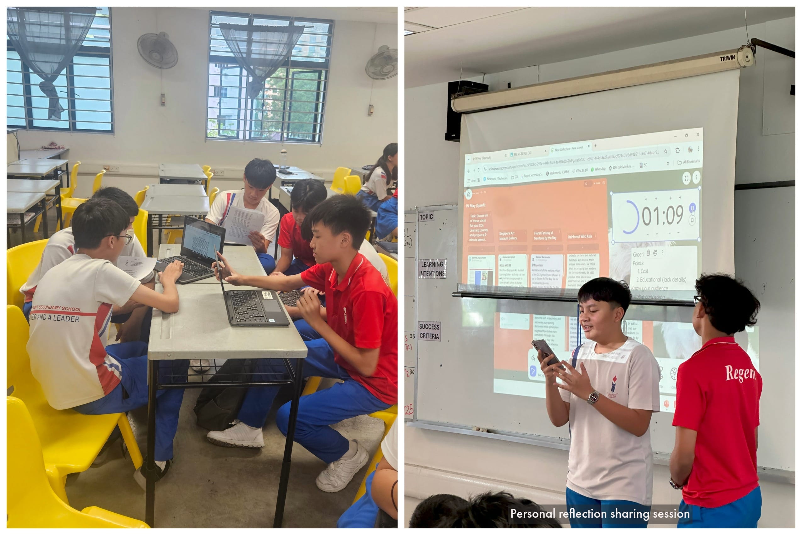 Students collaborate on laptops at a table; two students present in front of a projected screen during a reflection session.