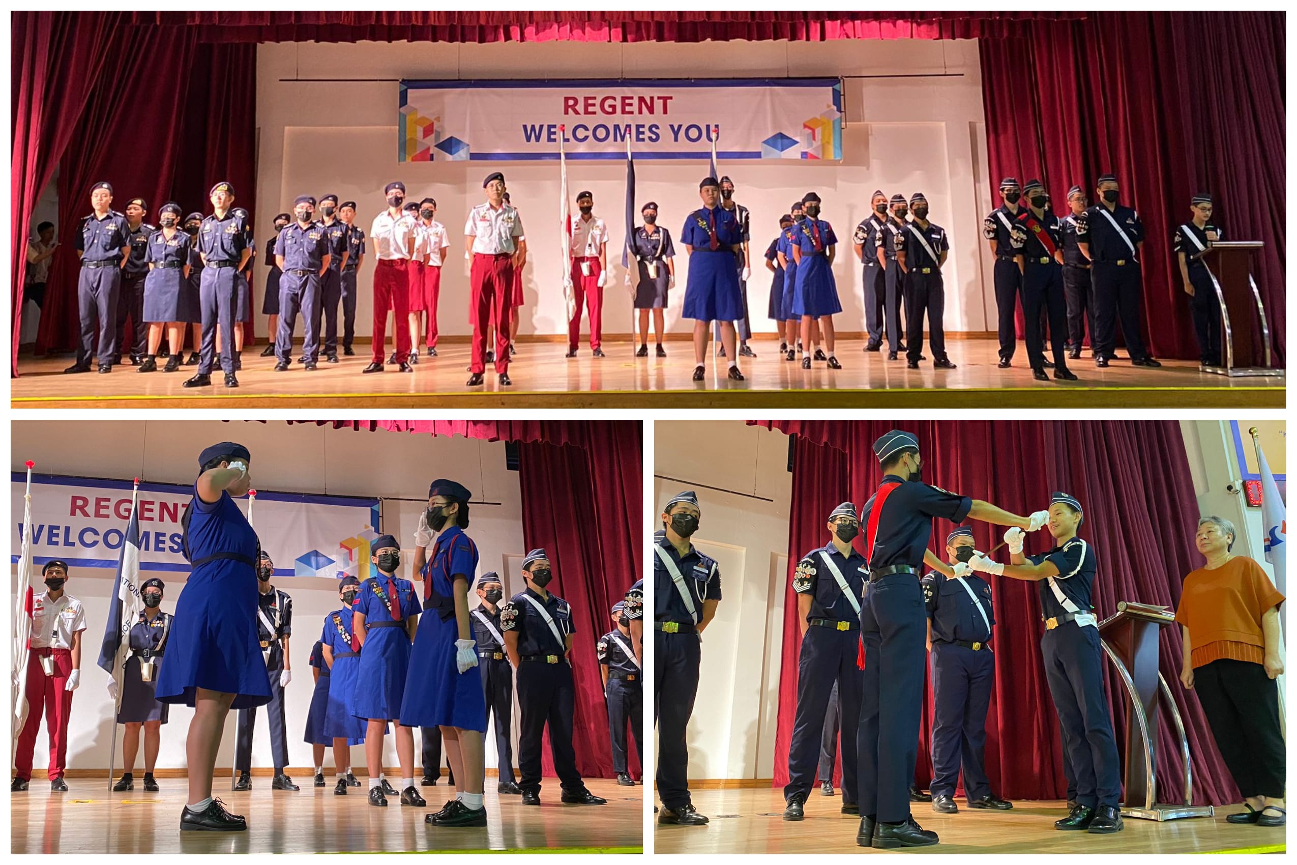 Students in various uniforms stand on a stage under a "Regent Welcomes You" banner during a school ceremony.