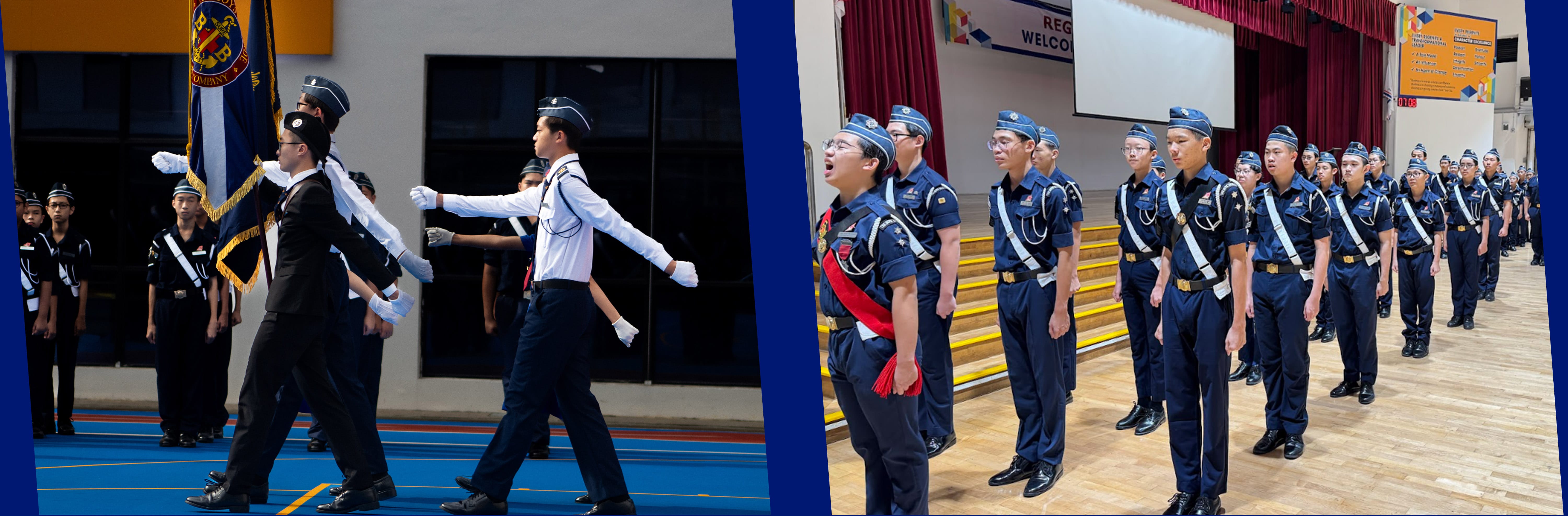 Two scenes of uniformed youth cadets marching with a flag on the left and standing in formation on the right.