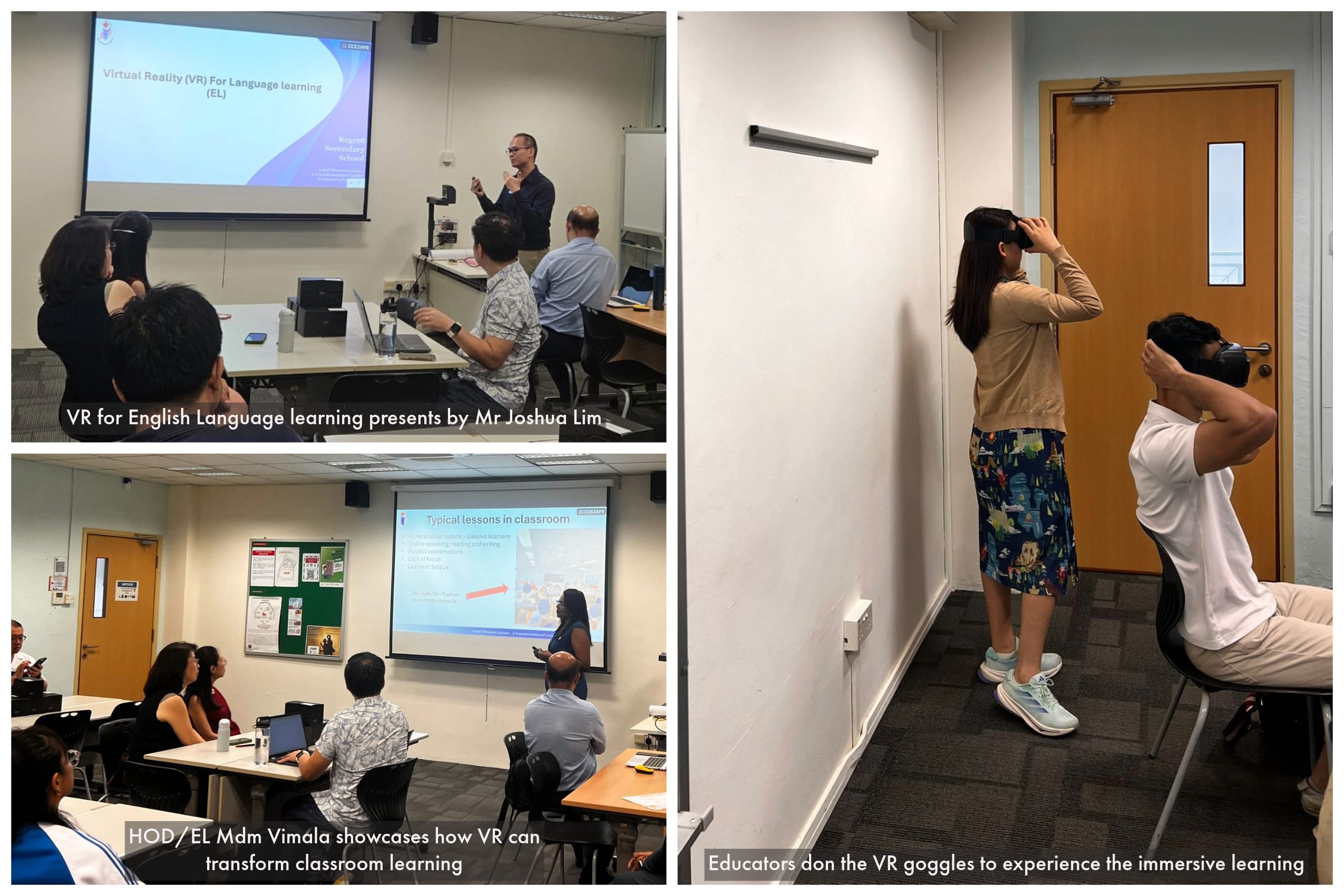 Three scenes show educators attending VR for language learning presentations and two people wearing VR headsets in a room.