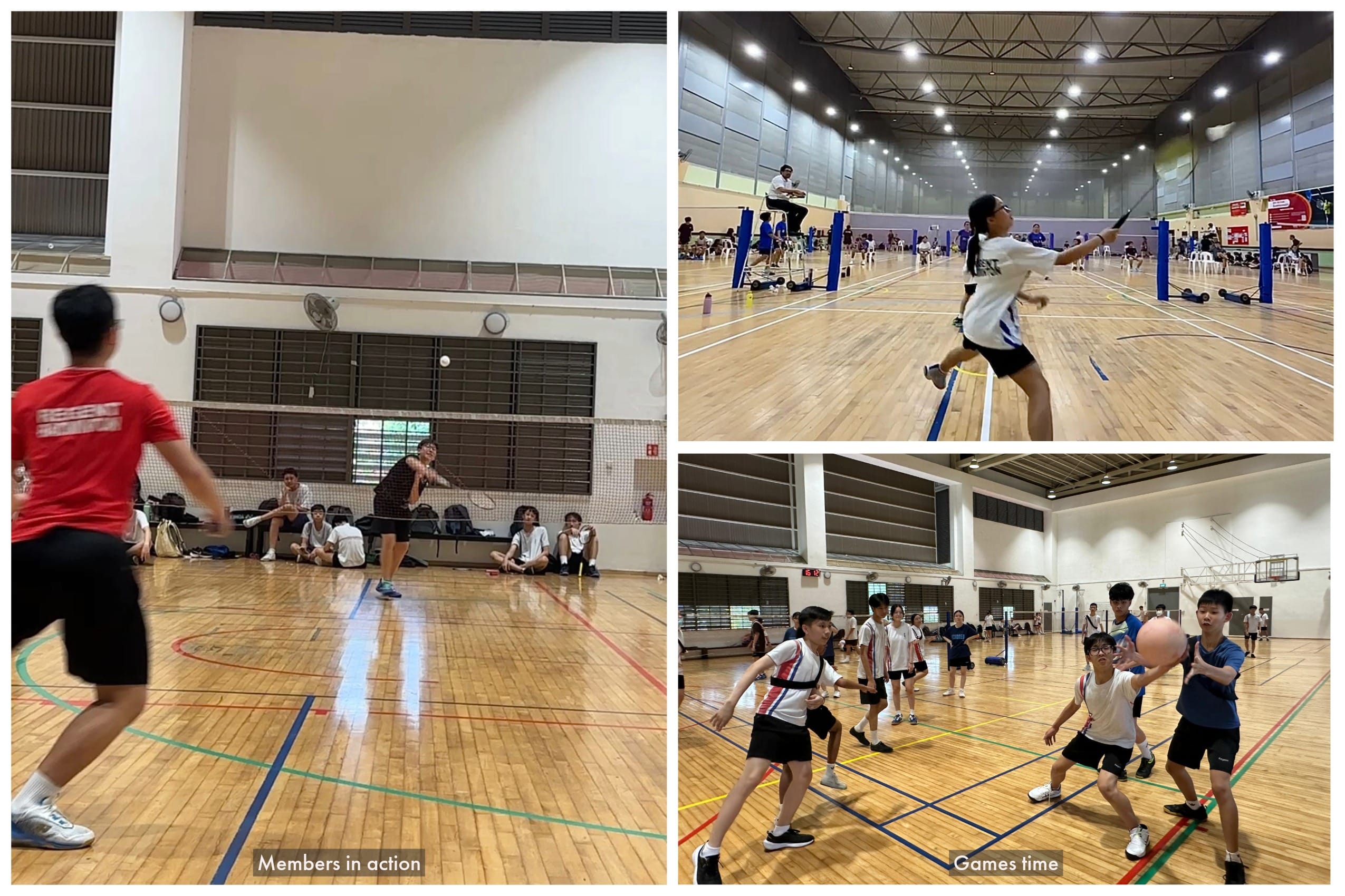 Three indoor court scenes show students playing badminton and passing a ball during sports sessions in a gymnasium.