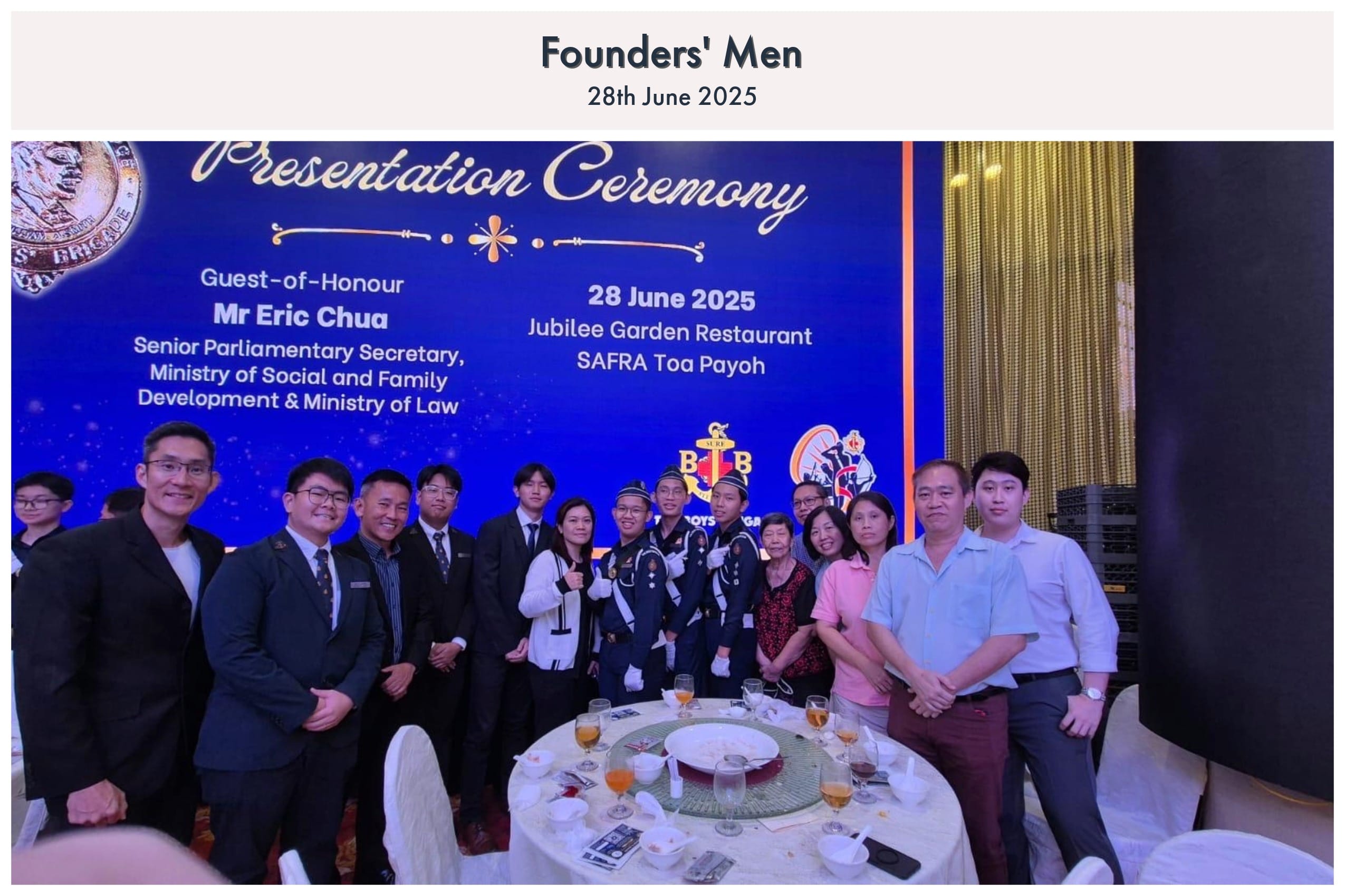 Group of people posing at a Presentation Ceremony on 28 June 2025 at SAFRA Toa Payoh, with a blue banner behind them.