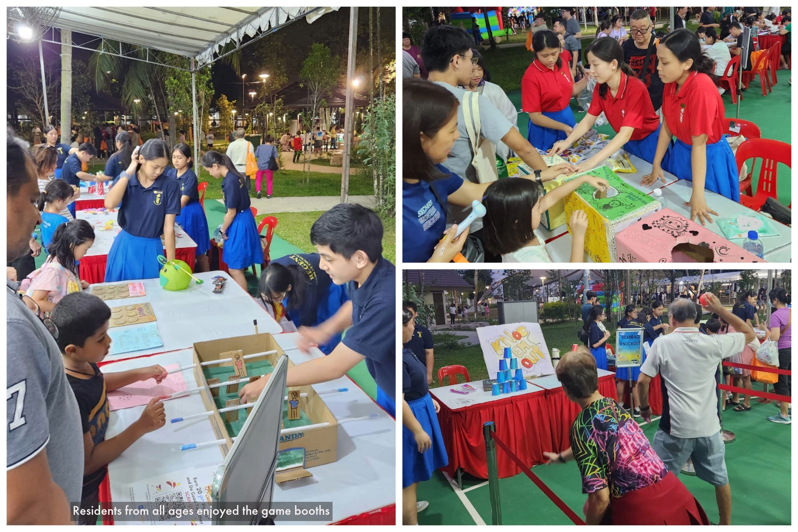 Students in blue and red uniforms run outdoor game booths for residents of all ages at a nighttime community event.