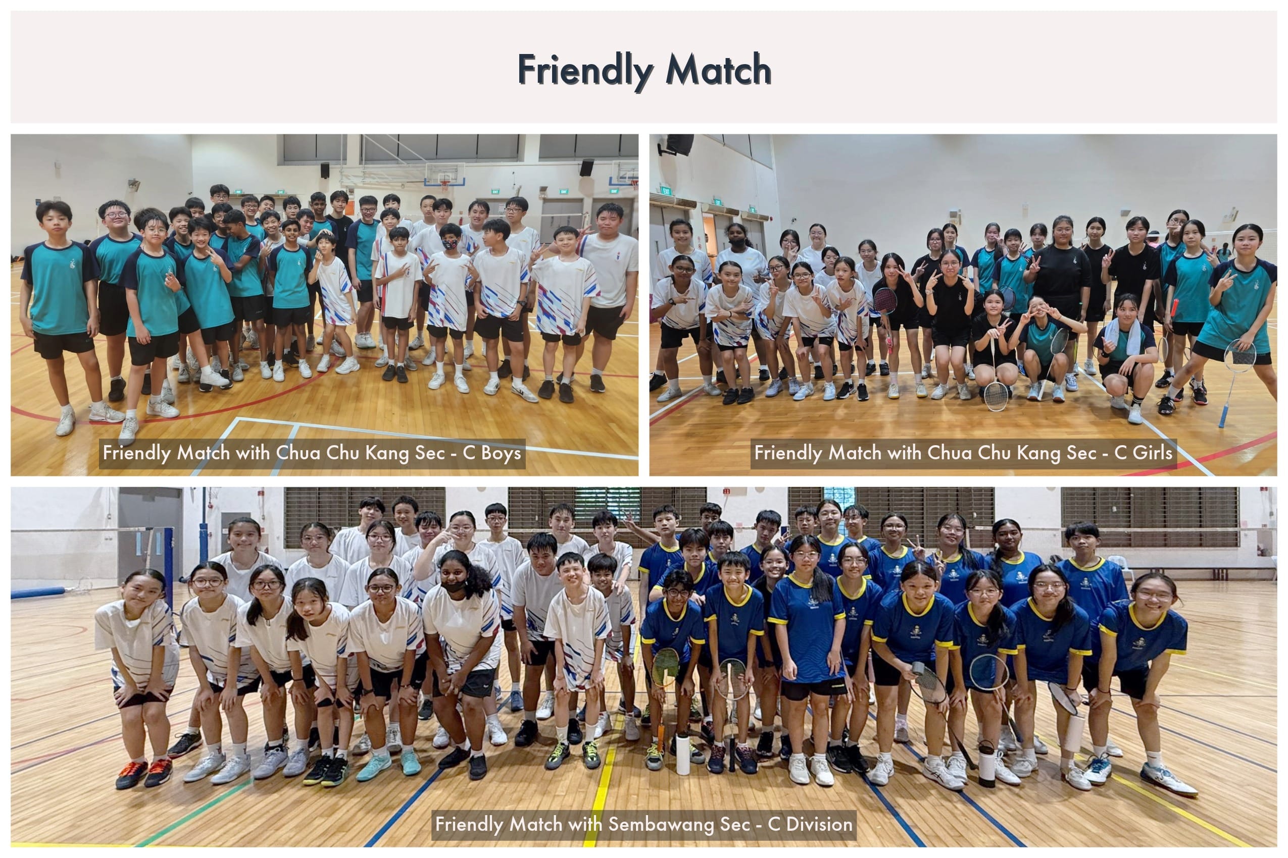 Three group photos of student badminton teams posing in a gymnasium during friendly matches.