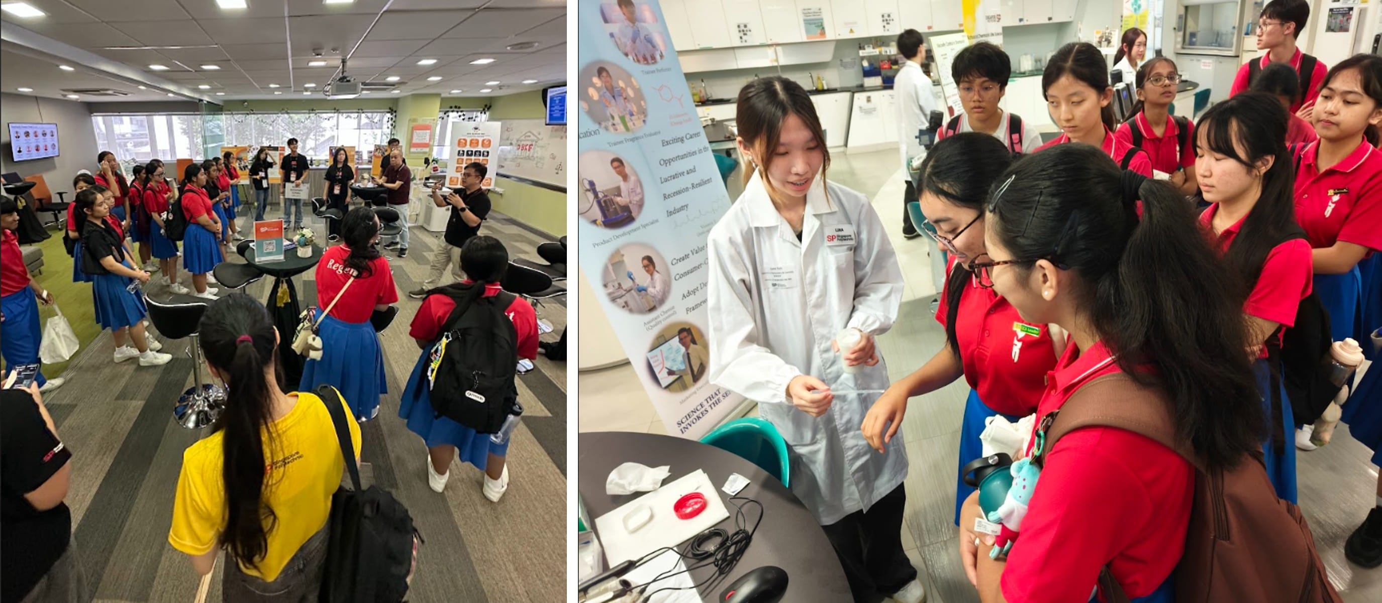 Students in red uniforms attend a school tour, with a lab-coated presenter demonstrating items in a science facility.