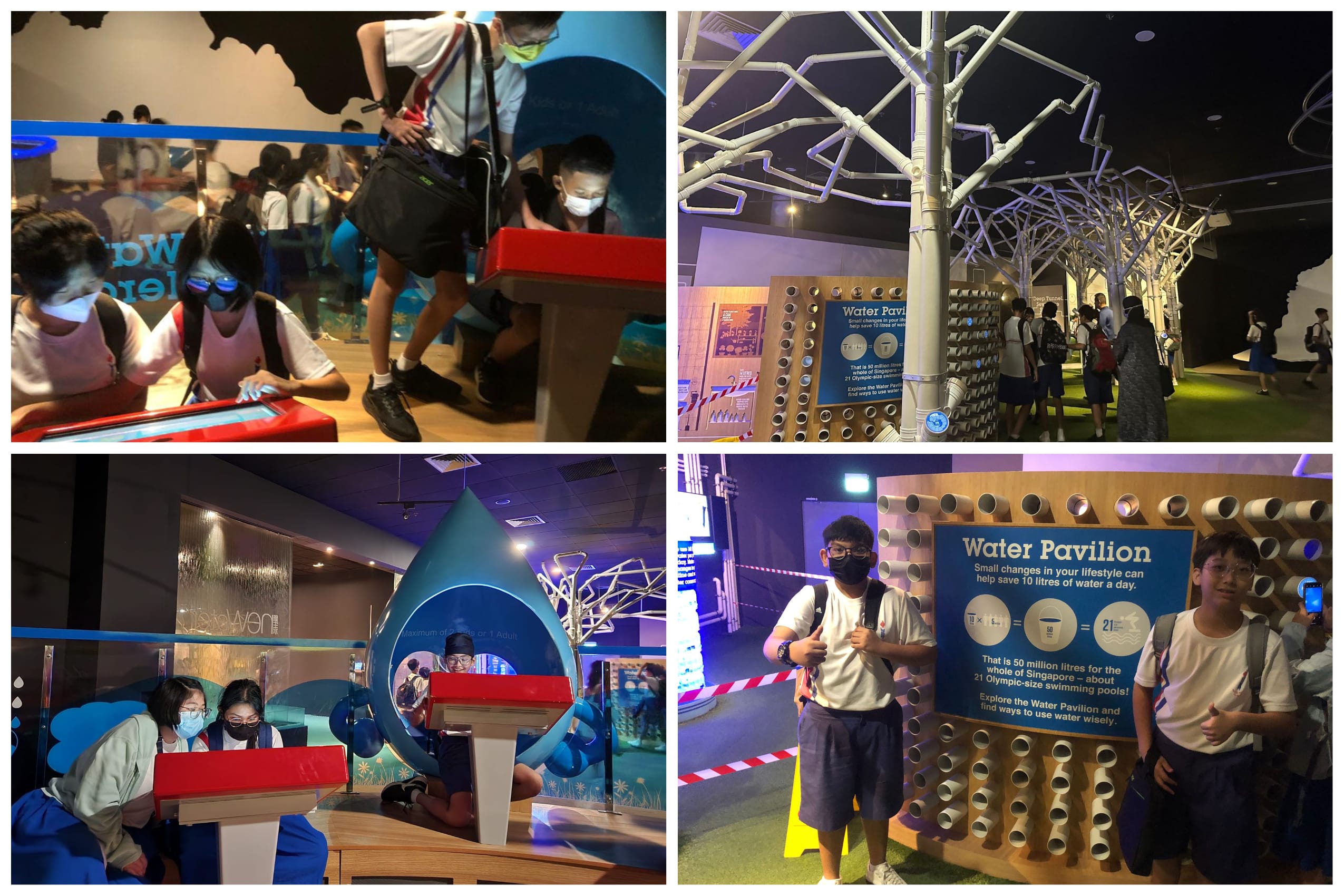Students in school uniforms explore a Water Pavilion museum exhibit with pipe tree sculptures and interactive displays.
