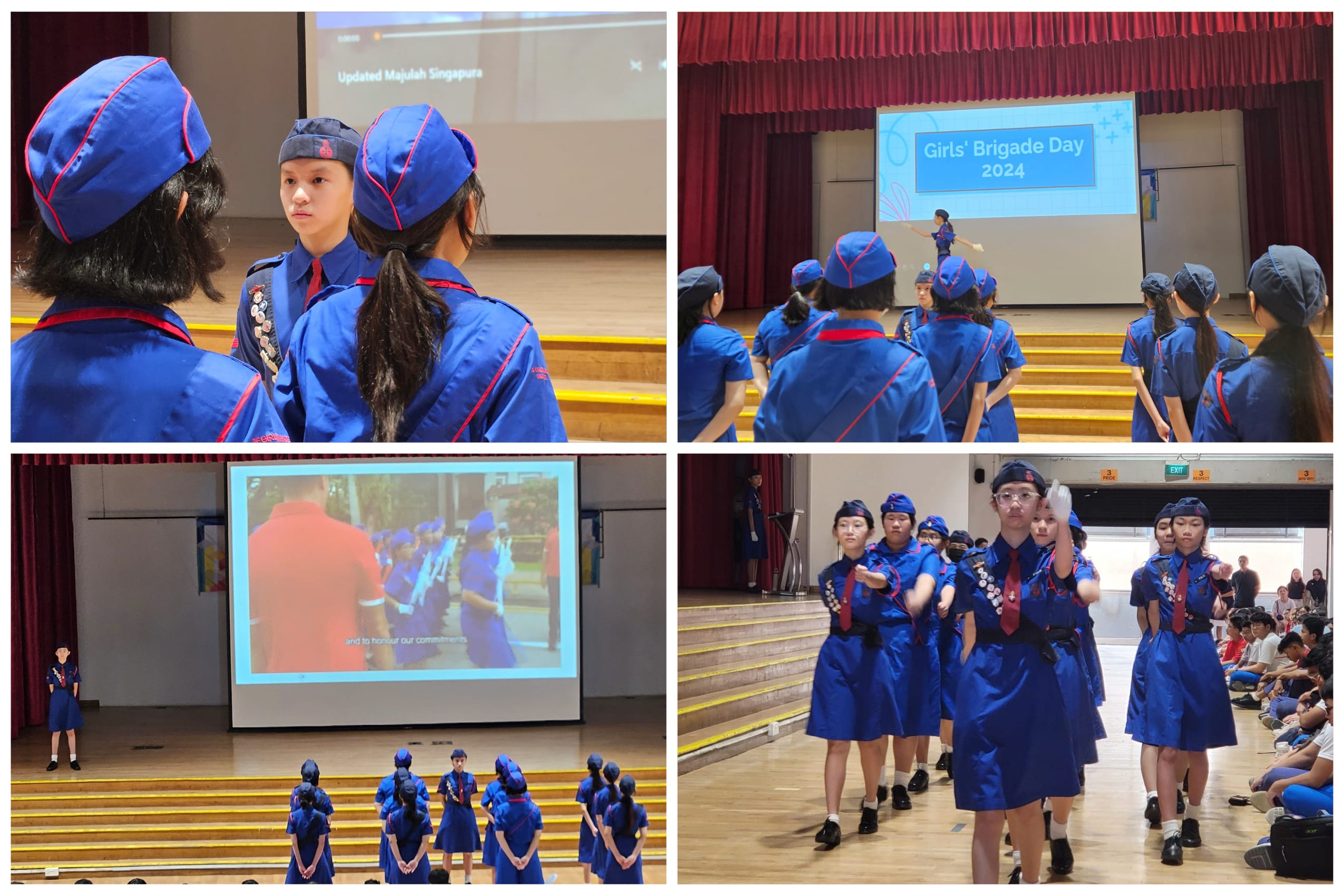 Collage of girls in blue uniforms at an auditorium event, watching a screen and marching on stage.