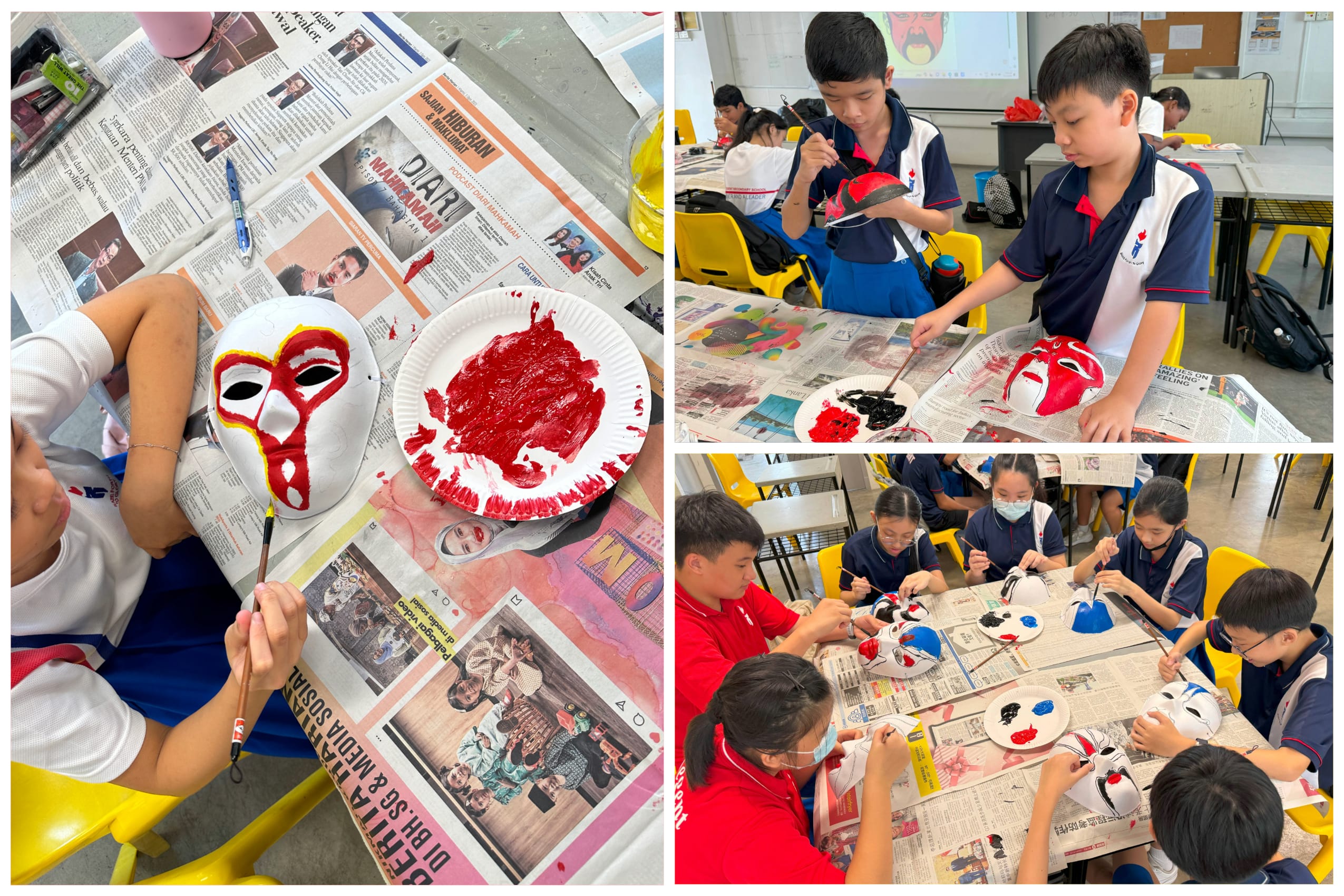Students paint red and black designs on white masks at desks covered with newspapers and paint plates.