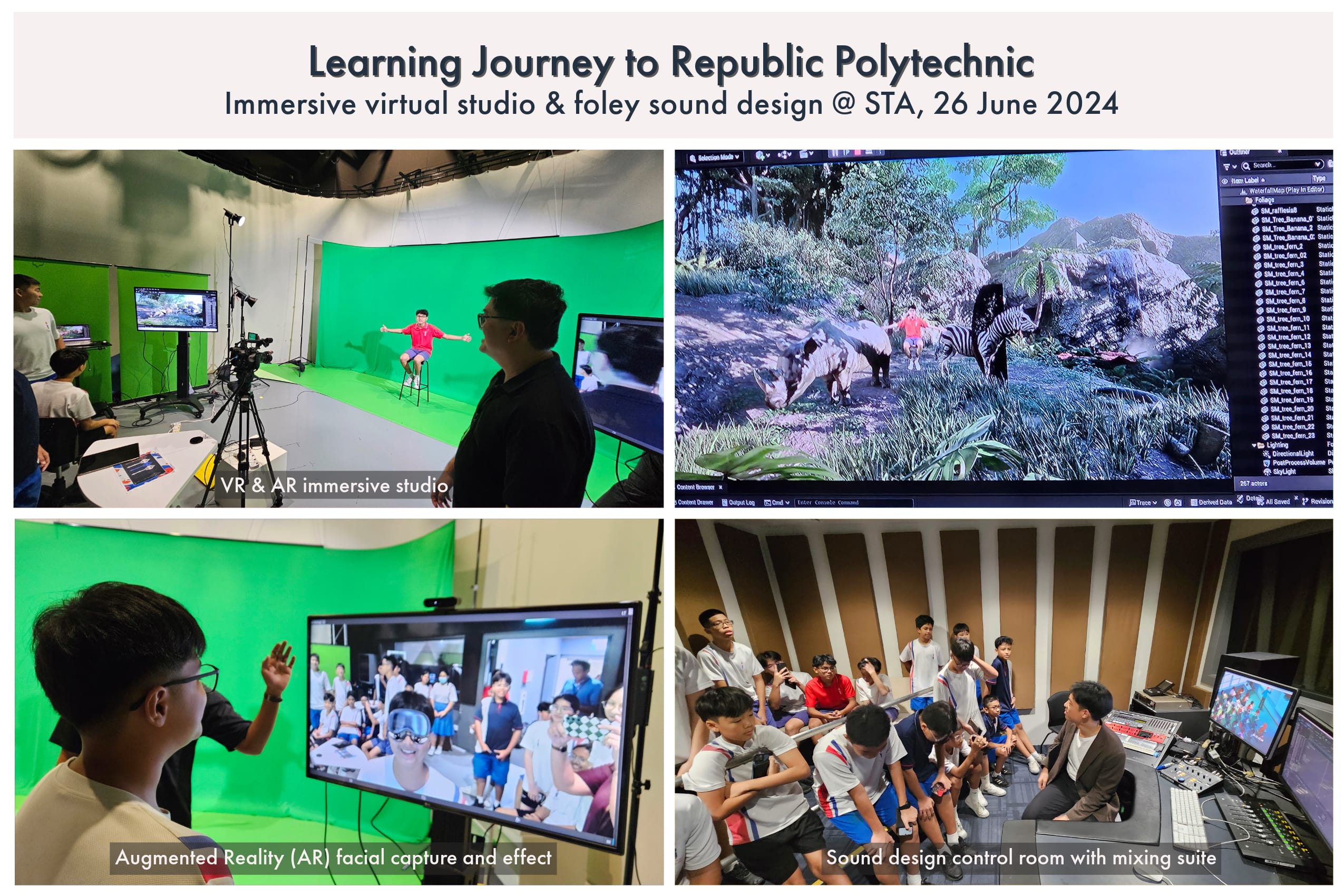 Collage shows green-screen VR studio, AR facial capture, a game scene on monitor, and students in sound mixing room.