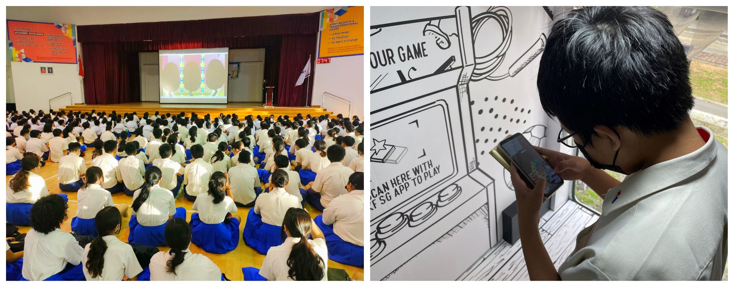Students in white and blue uniforms sit in a hall facing a screen; a boy scans a wall mural with his phone.