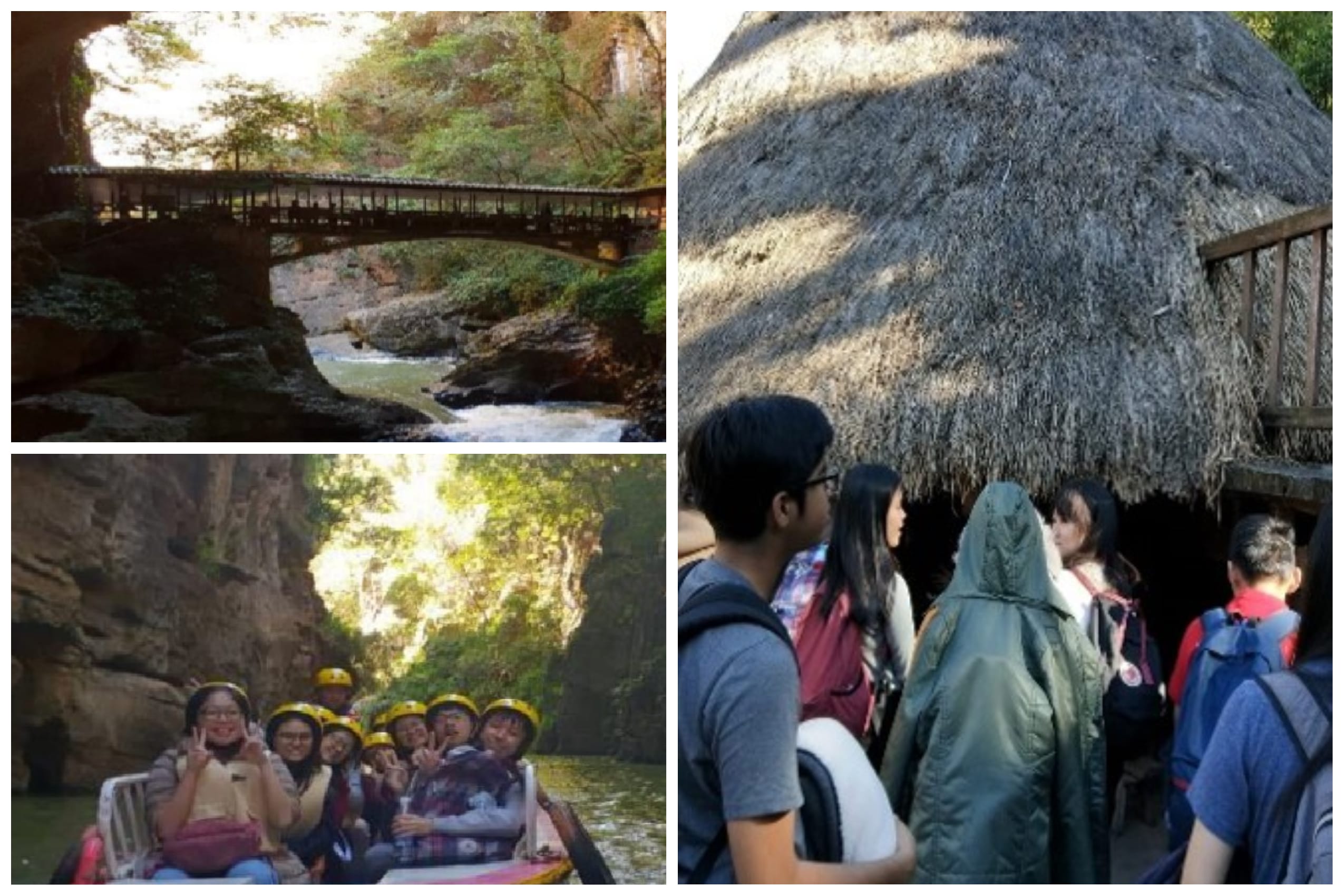 Three scenes: a bridge over a rocky river gorge, a group in helmets on a raft in a canyon, and people near a thatched hut.